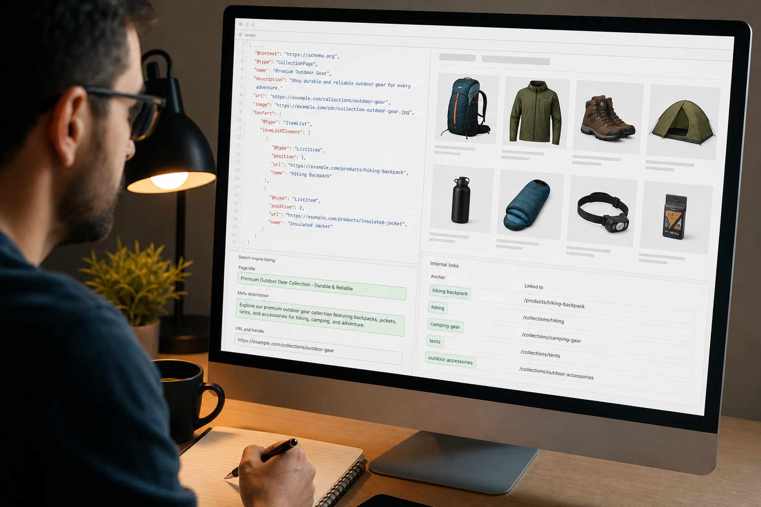 Close-up of a Shopify product collection page on a monitor showing structured data markup, meta title fields, and internal link anchors highlighted, same warm studio desk setting as hero