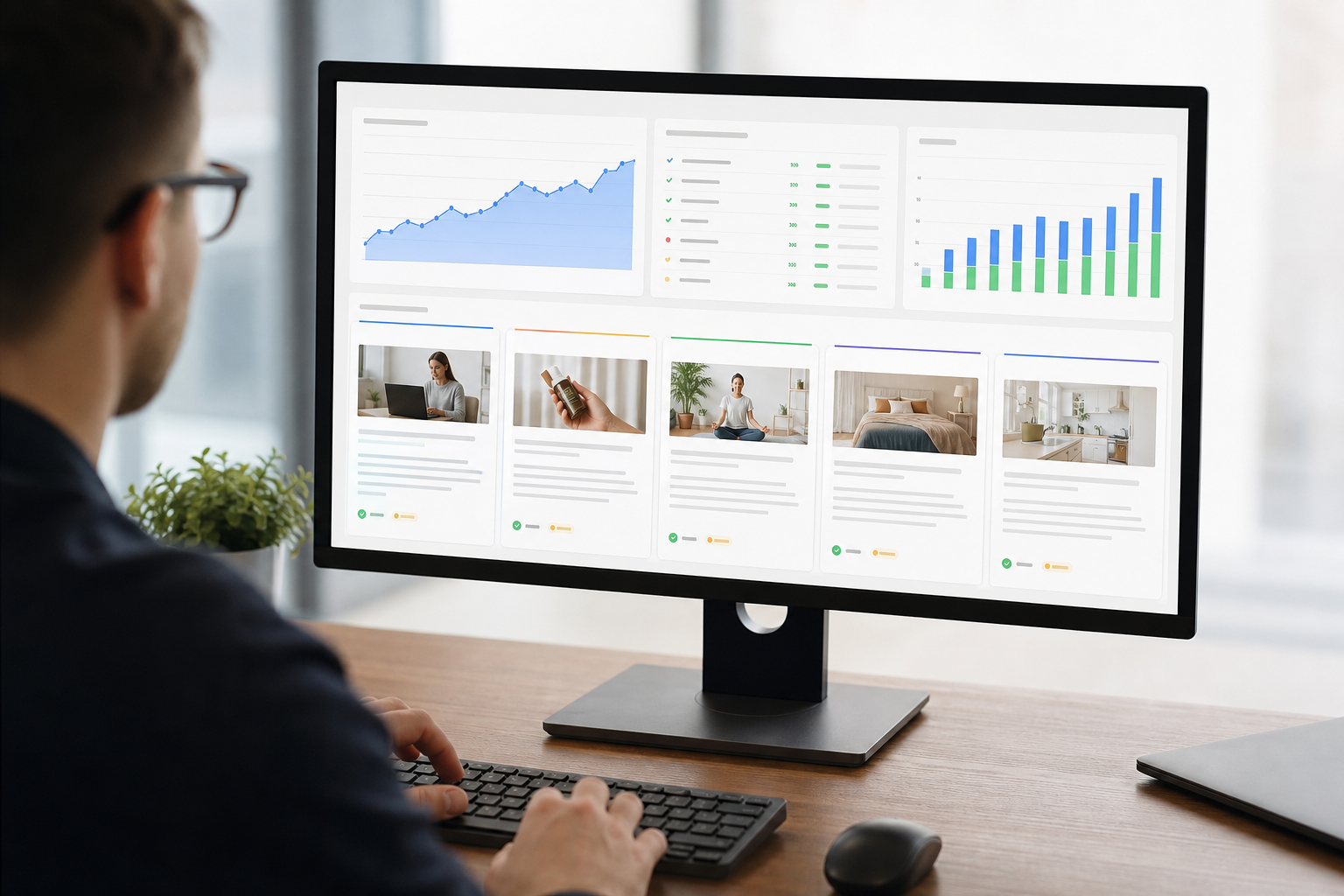 A Canadian ecommerce brand's content strategy dashboard showing blog traffic growth, keyword rankings, and published articles organized by buyer journey stage on a desktop screen