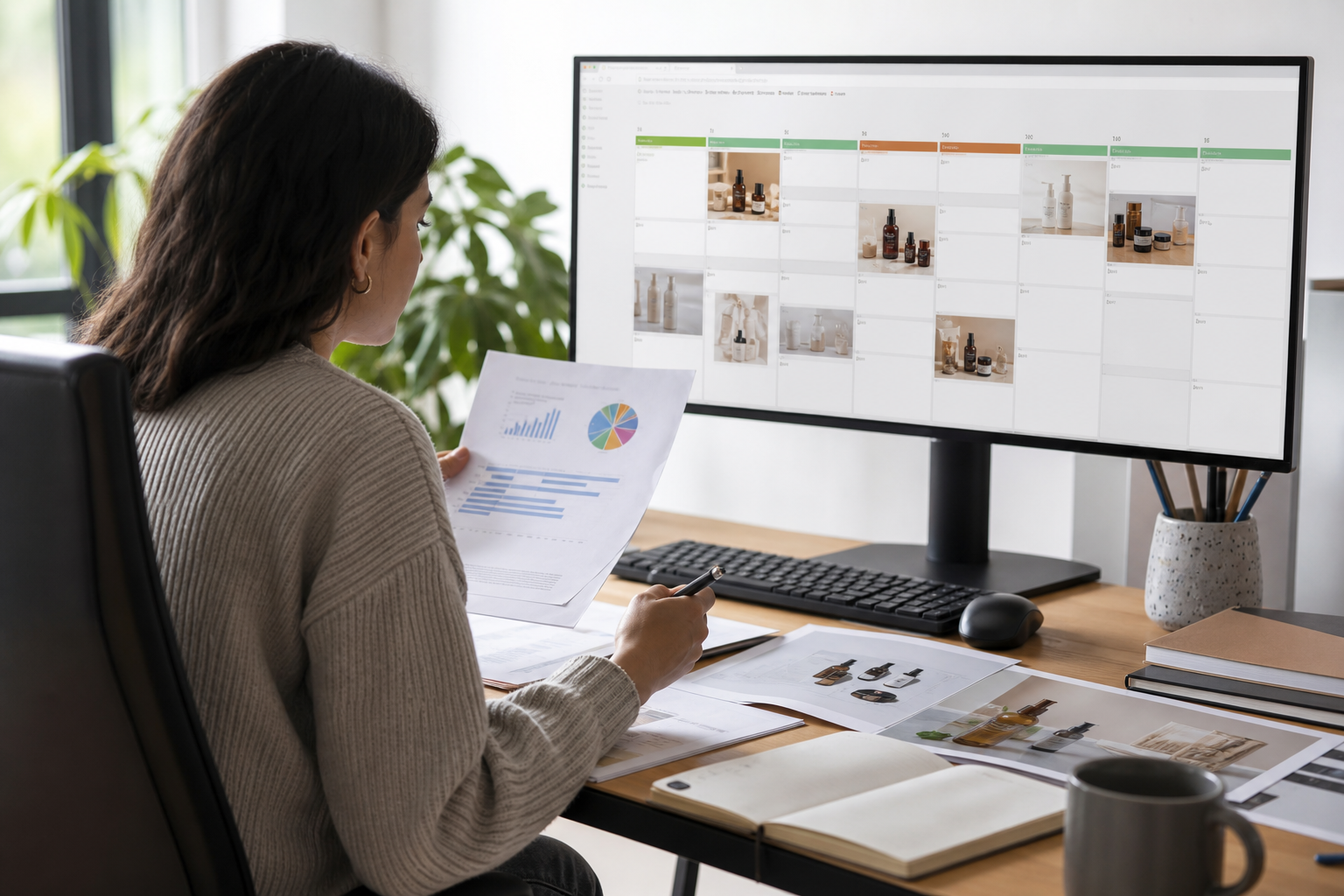 A content strategist reviewing a Shopify ecommerce editorial calendar on a large monitor, surrounded by keyword research documents and product photography printouts in a bright modern workspace.