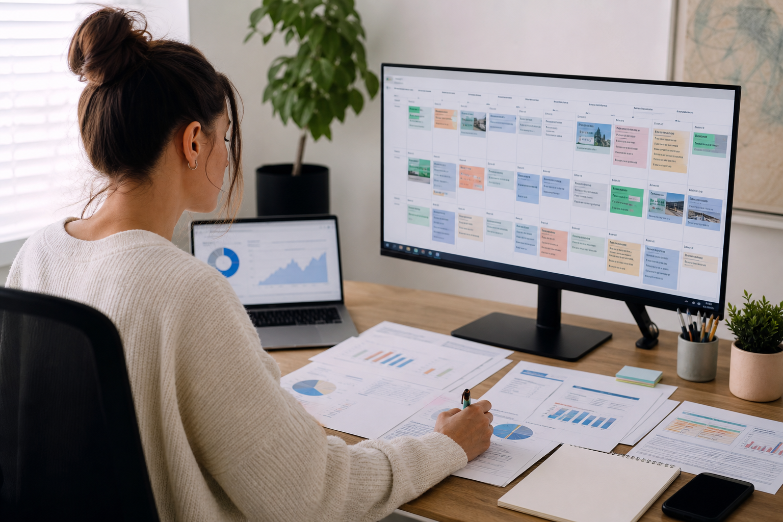 Ecommerce content strategist reviewing a Shopify blog editorial calendar on a large monitor, surrounded by keyword research documents and traffic analytics dashboards in a bright studio workspace.