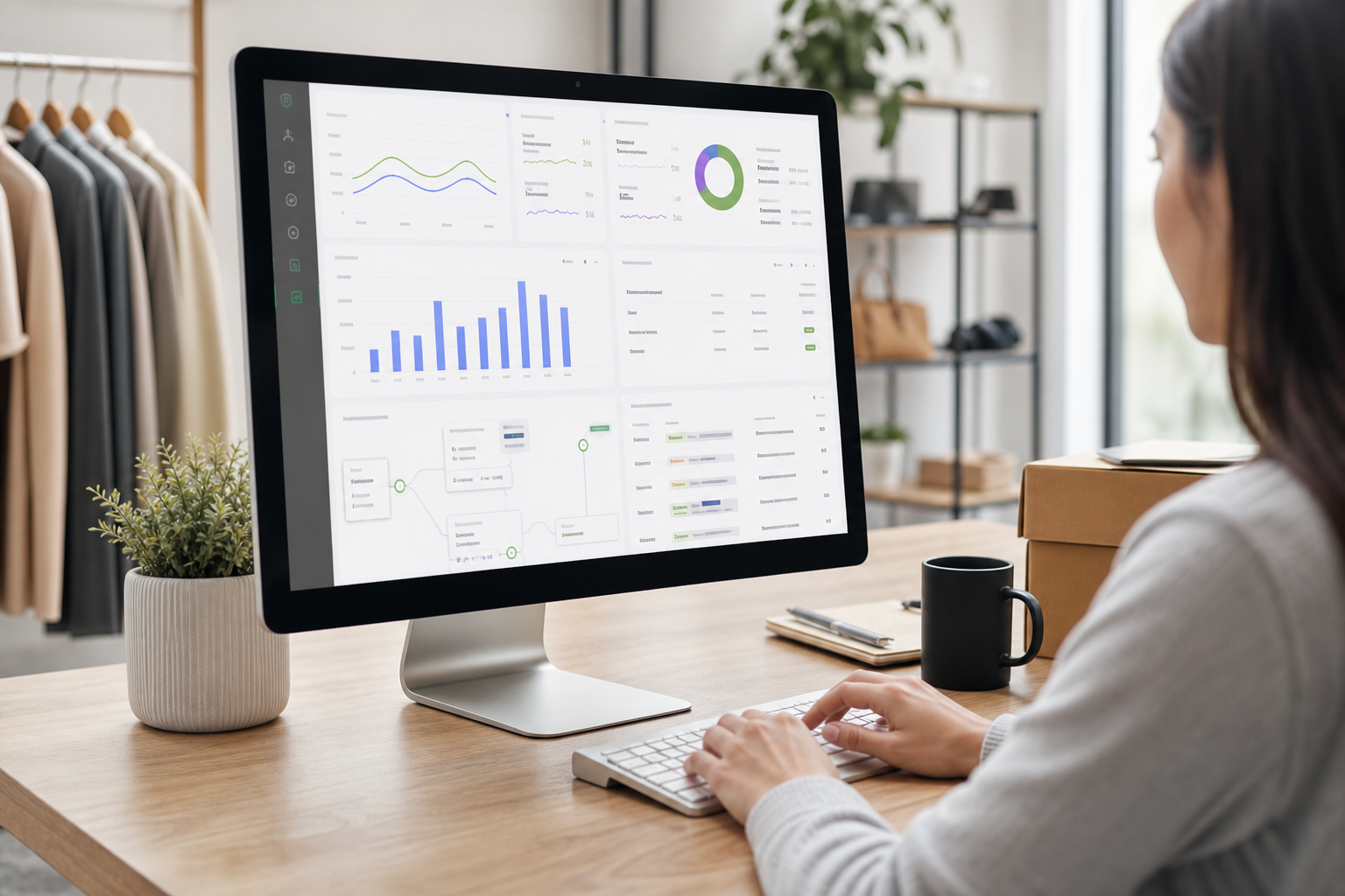 Shopify brand email campaign dashboard showing open rates, revenue per email, and automated flow performance on a desktop monitor in a modern ecommerce office