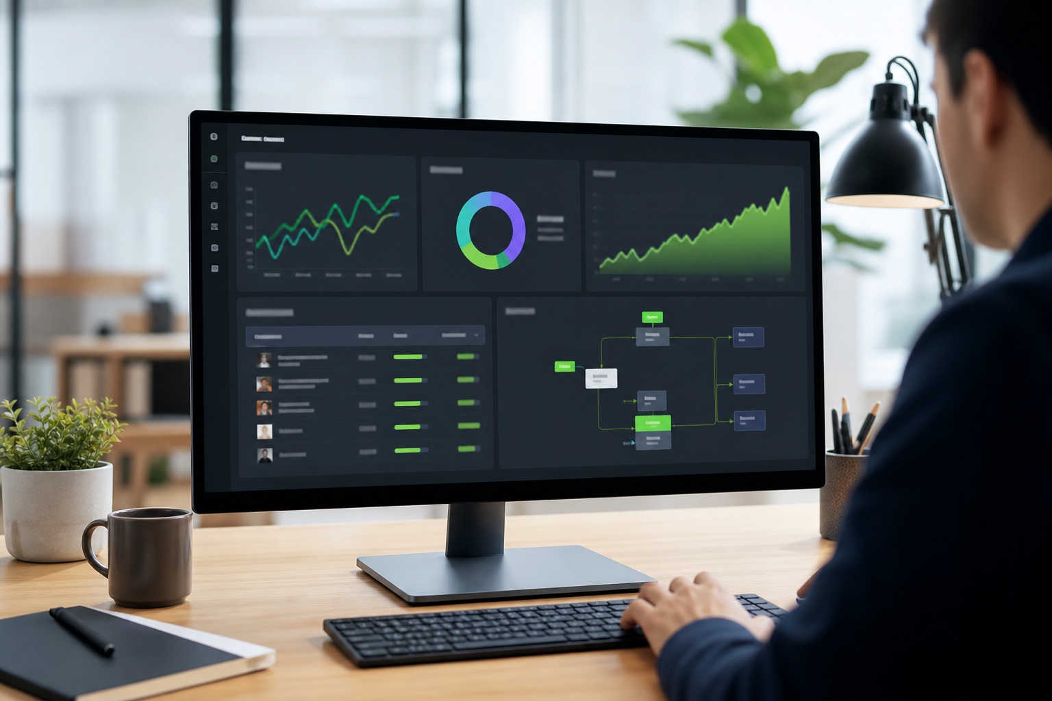 Shopify store dashboard displaying segmented email campaign performance metrics — open rates, revenue per send, and automation flow map on a desktop screen in a modern workspace