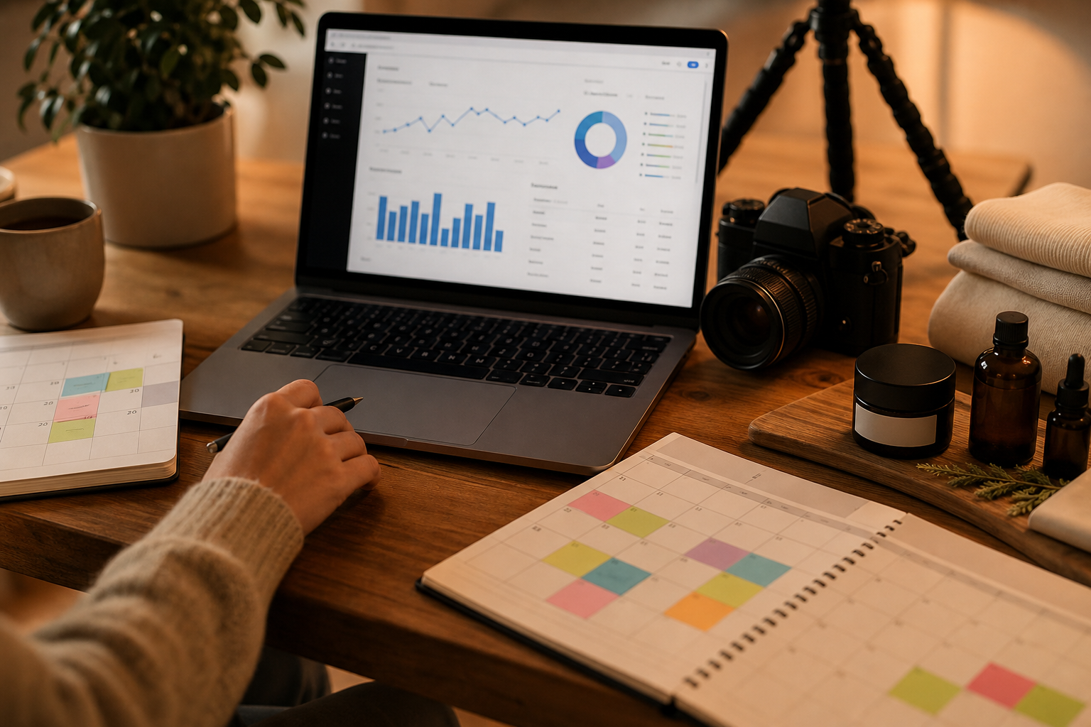 A Shopify ecommerce workspace showing a content calendar, SEO keyword research on a laptop screen, and product photography spread across a wooden desk under warm studio lighting