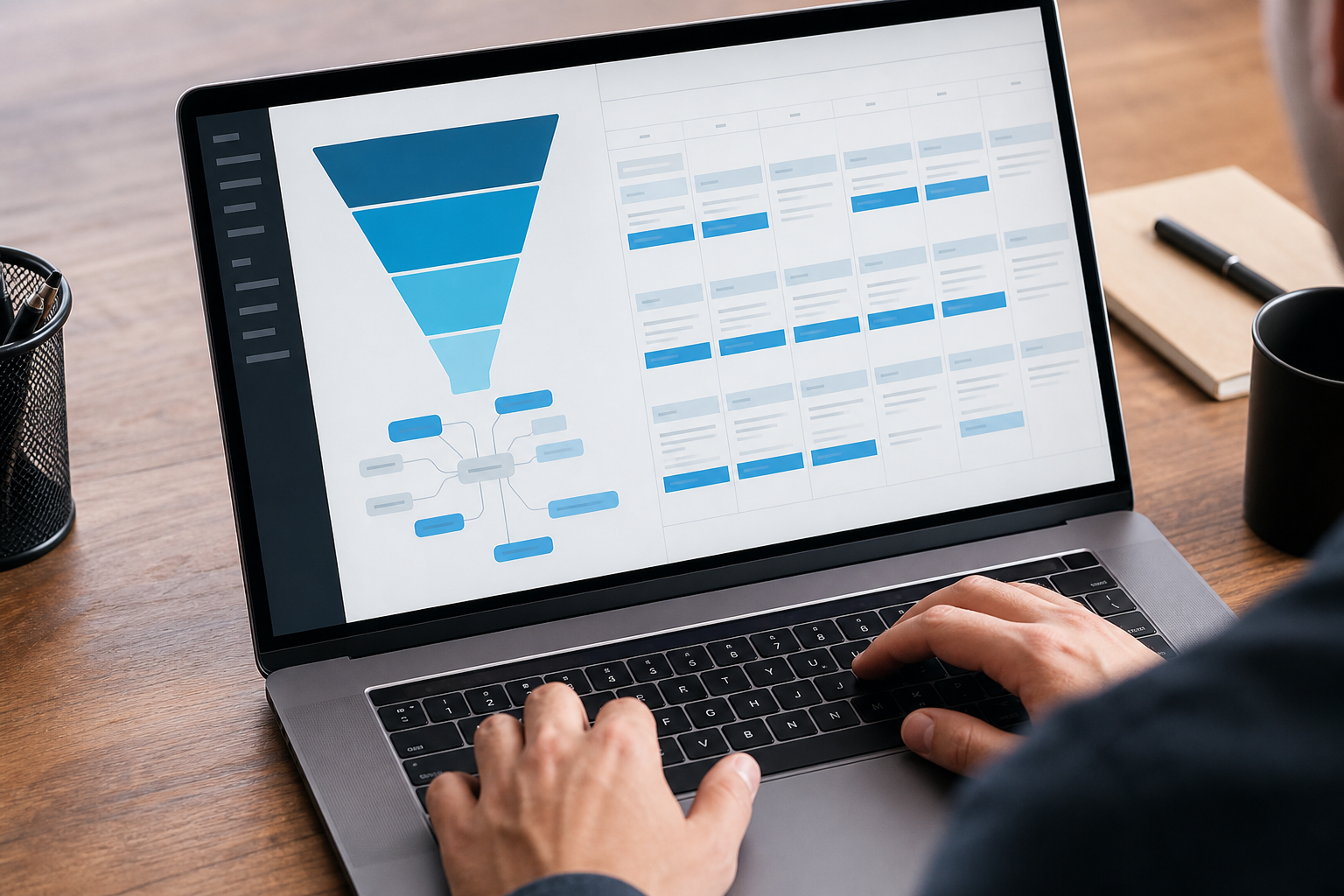 Close-up of a laptop screen showing a content funnel diagram mapped to a Shopify blog editorial calendar, keyword clusters highlighted in blue, on the same wooden desk as the hero shot