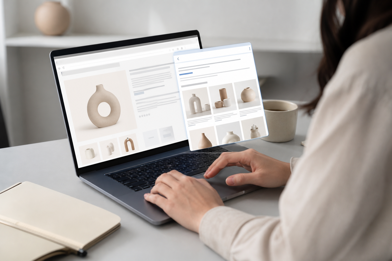 Ecommerce product pages displayed on a laptop screen with AI-generated search recommendations visible in a browser panel, shot in a bright studio workspace with neutral grey tones