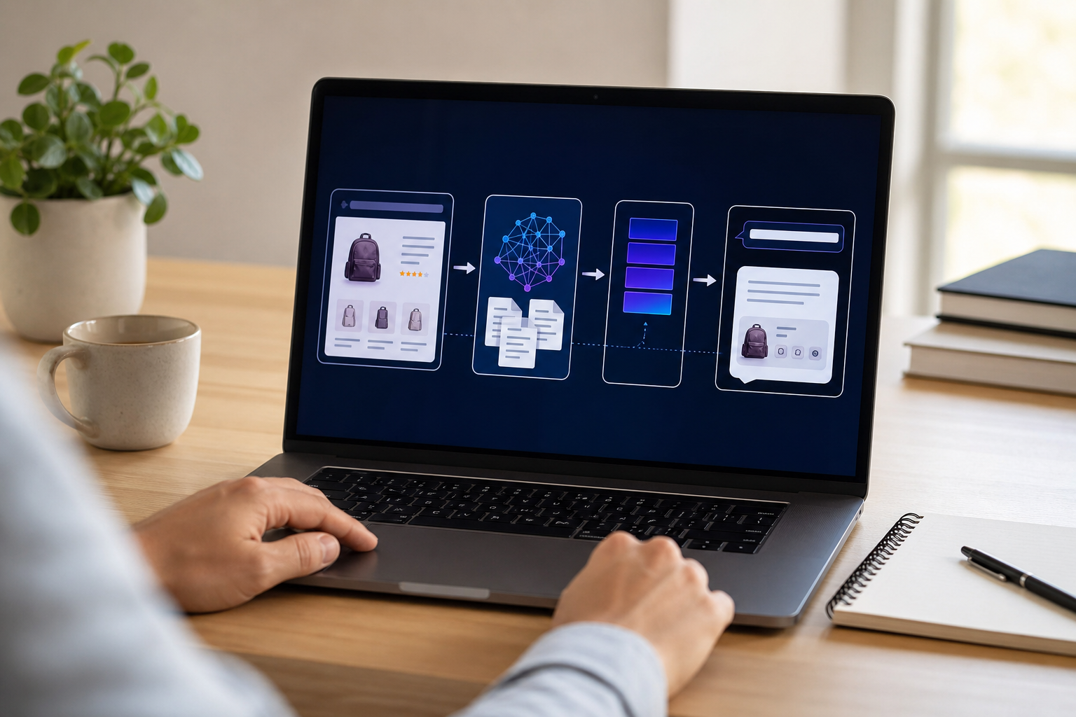 Step-by-step diagram on a laptop screen showing how RAG in AI retrieves ecommerce product page content and synthesizes it into a generative AI assistant answer, displayed in a bright studio workspace matching the hero image environment