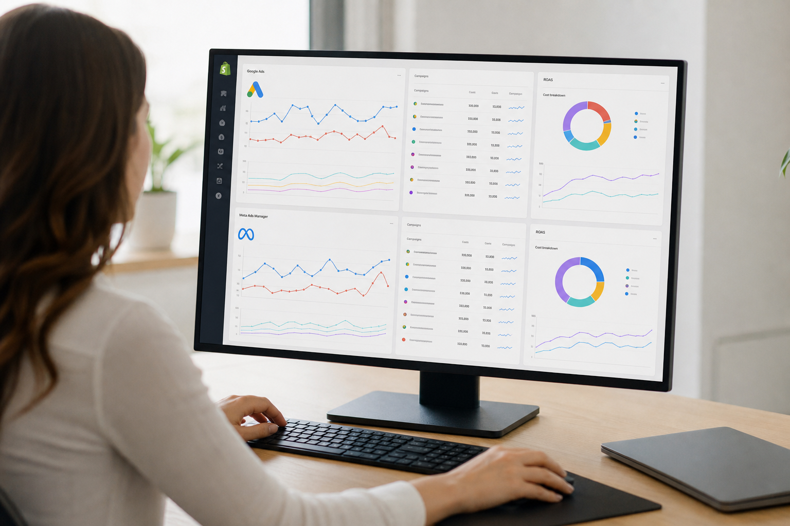 A Shopify ecommerce dashboard on a large monitor showing Google Ads and Meta Ads Manager campaign metrics, ROAS graphs, and spend summaries in a bright, modern office workspace.