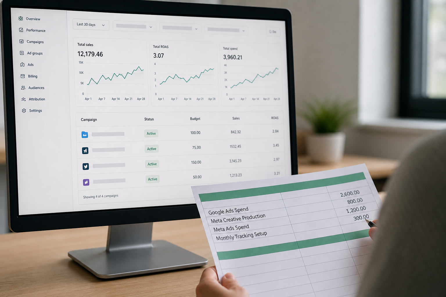 Close-up of a Shopify Ads Manager screen showing a cost breakdown with Google Ads spend, Meta creative production line items, and a monthly tracking setup fee in a spreadsheet beside the monitor.