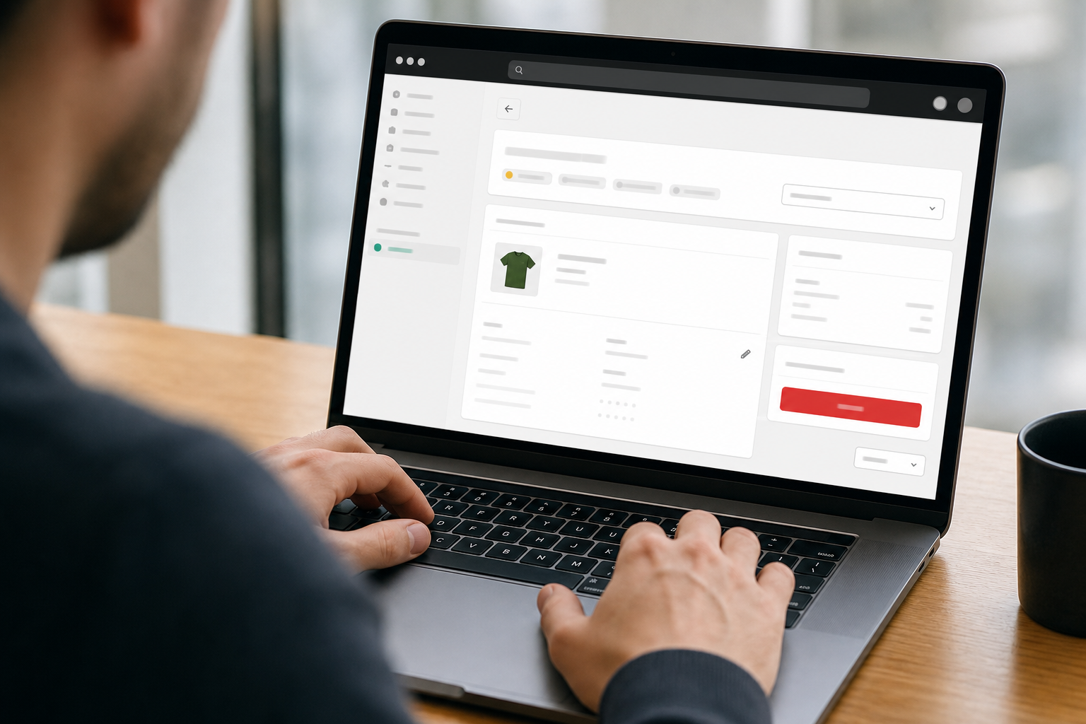 Shopify admin dashboard open on a laptop showing an order detail page with a red cancel button highlighted, soft office lighting.
