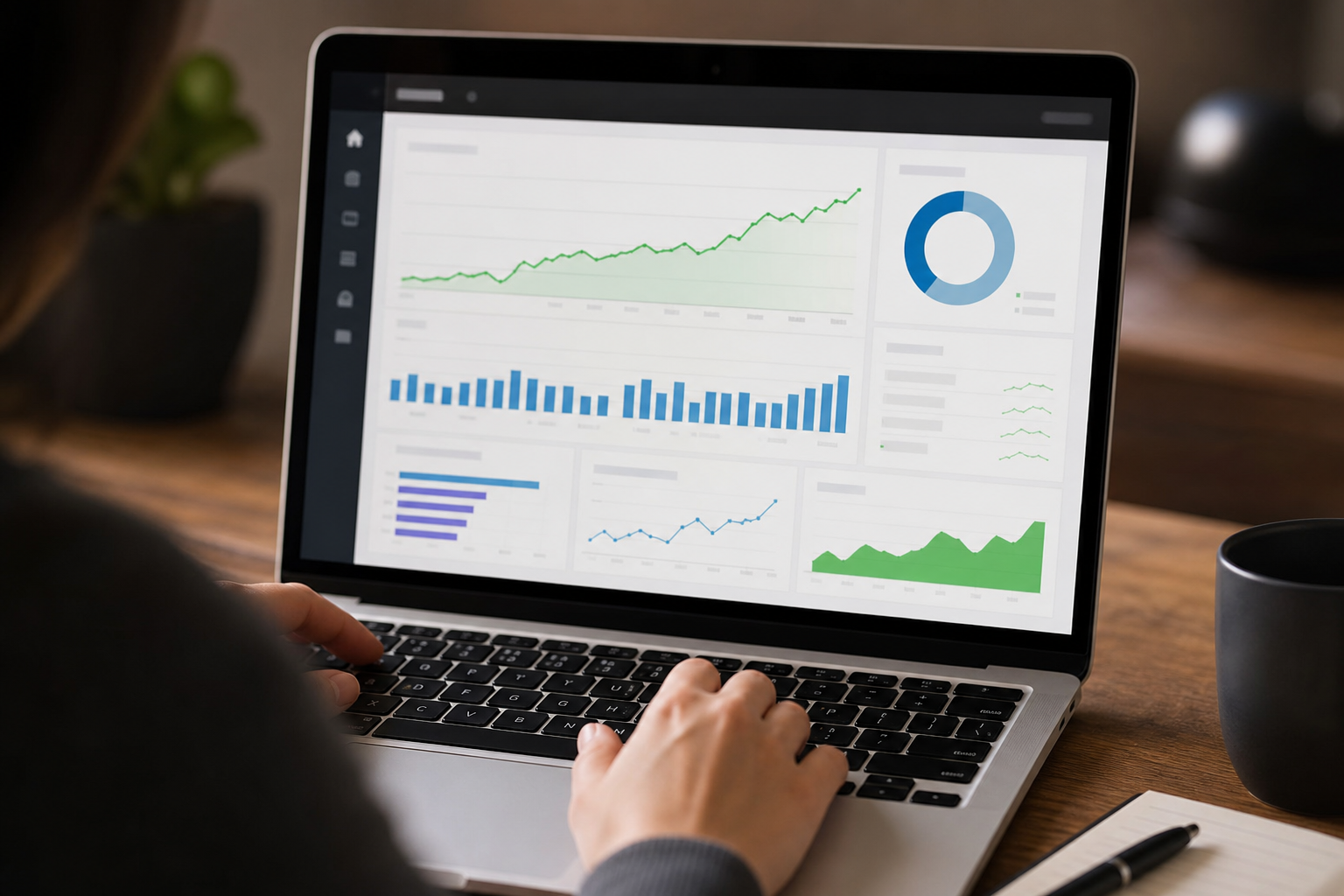 Close-up of a Shopify store dashboard on a laptop showing organic traffic growth charts, keyword rankings, and revenue data in warm office lighting
