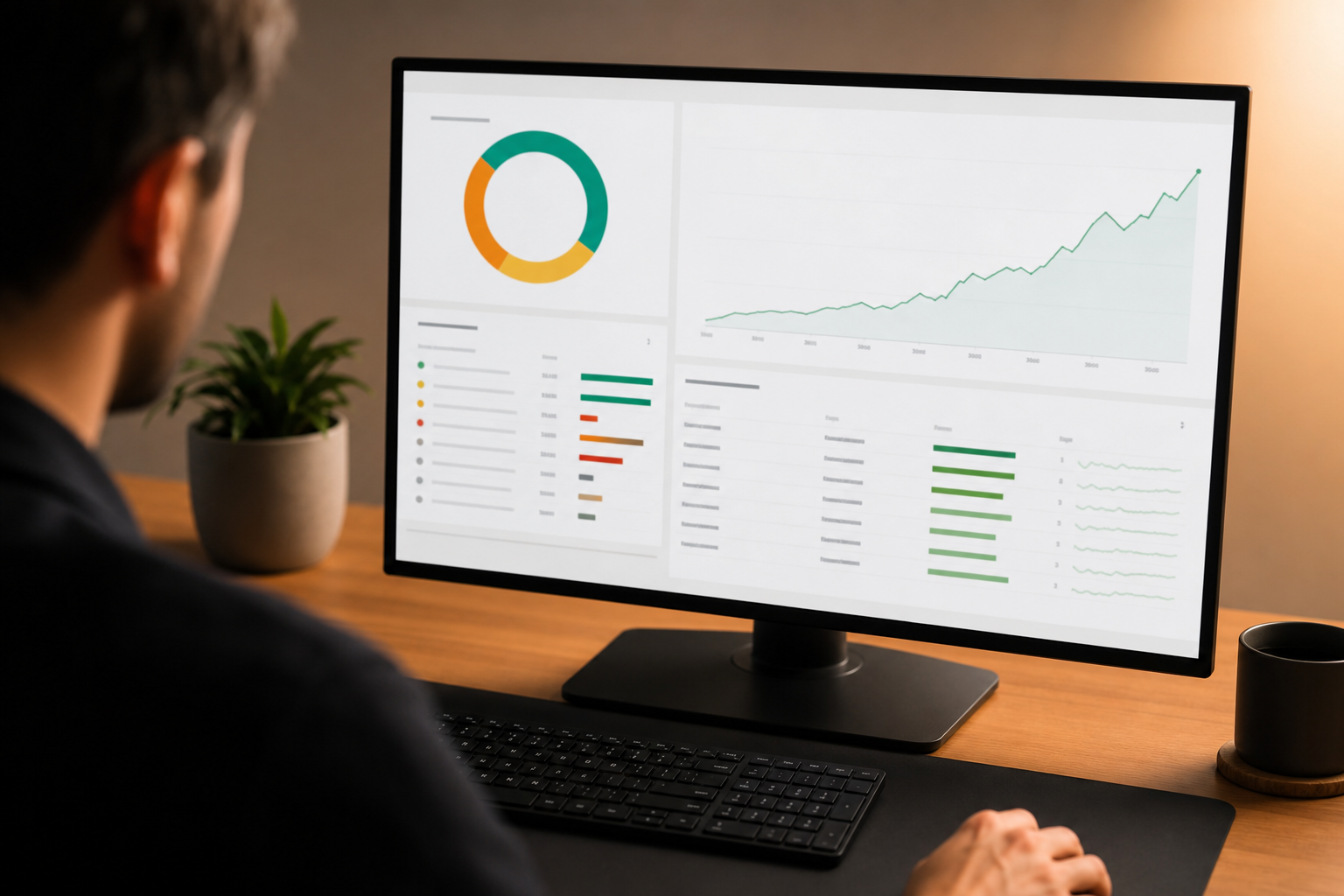 Split-screen view of a Shopify store's technical SEO audit report and organic traffic growth graph on a monitor, captured from slightly above in warm office lighting