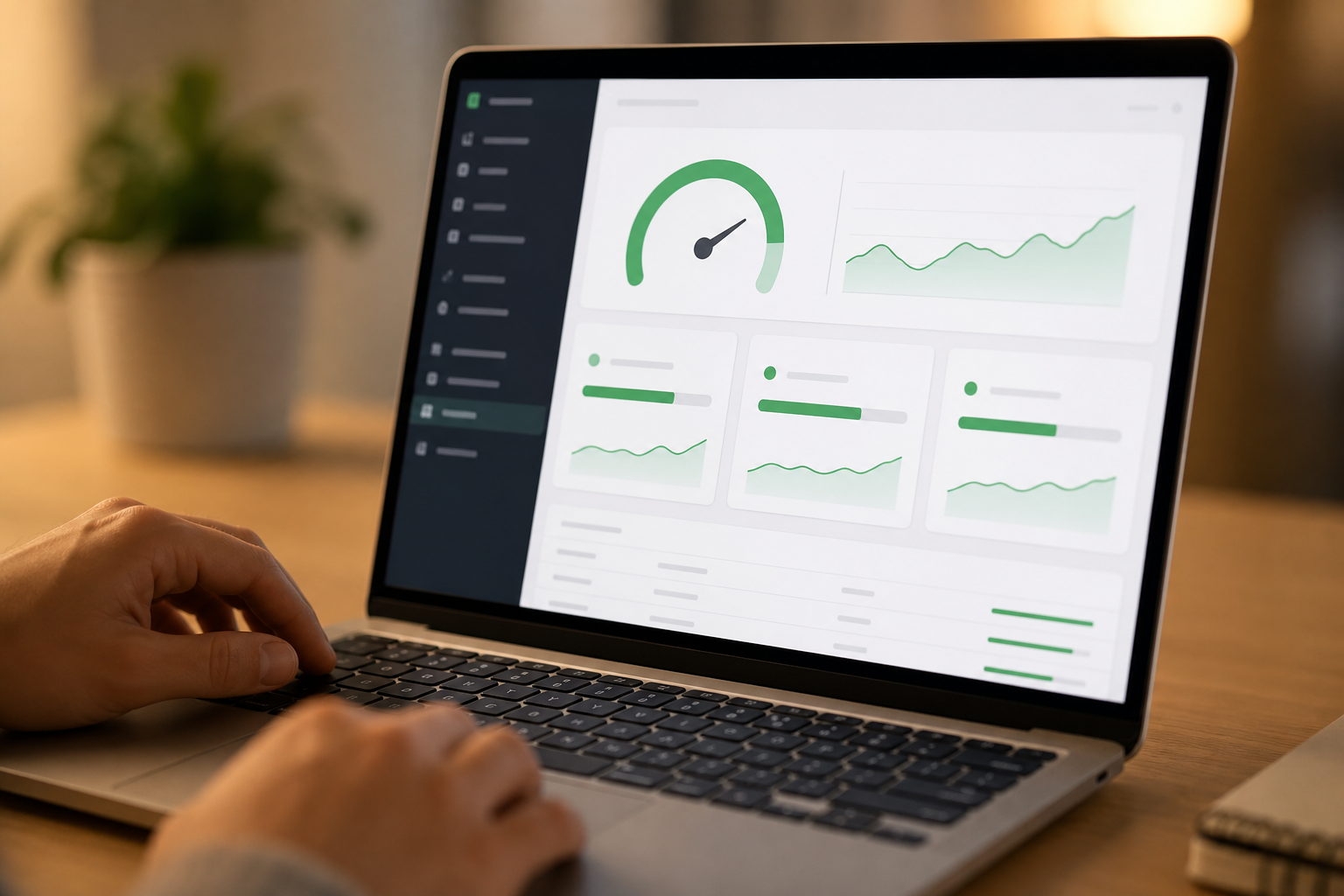 Close-up of a laptop screen displaying a Shopify store dashboard with a green performance score gauge and Core Web Vitals metrics, warm office lighting, shallow depth of field