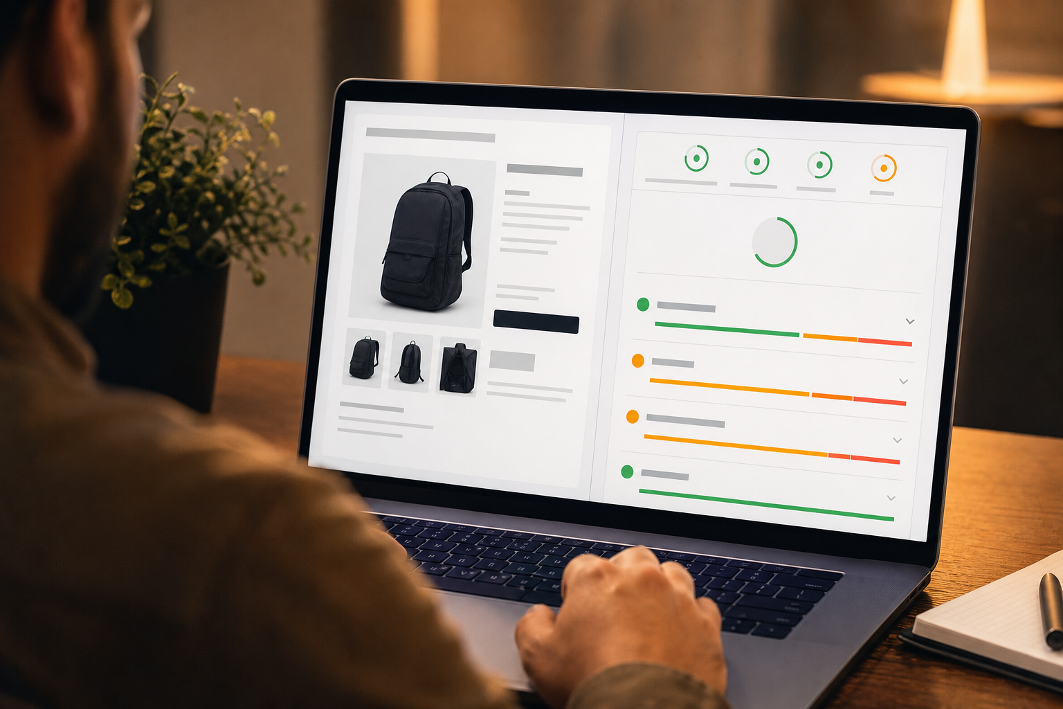 Side-by-side view of a laptop screen showing Google PageSpeed Insights results for a Shopify product page, with LCP and CLS scores highlighted in amber, same warm office lighting as hero shot
