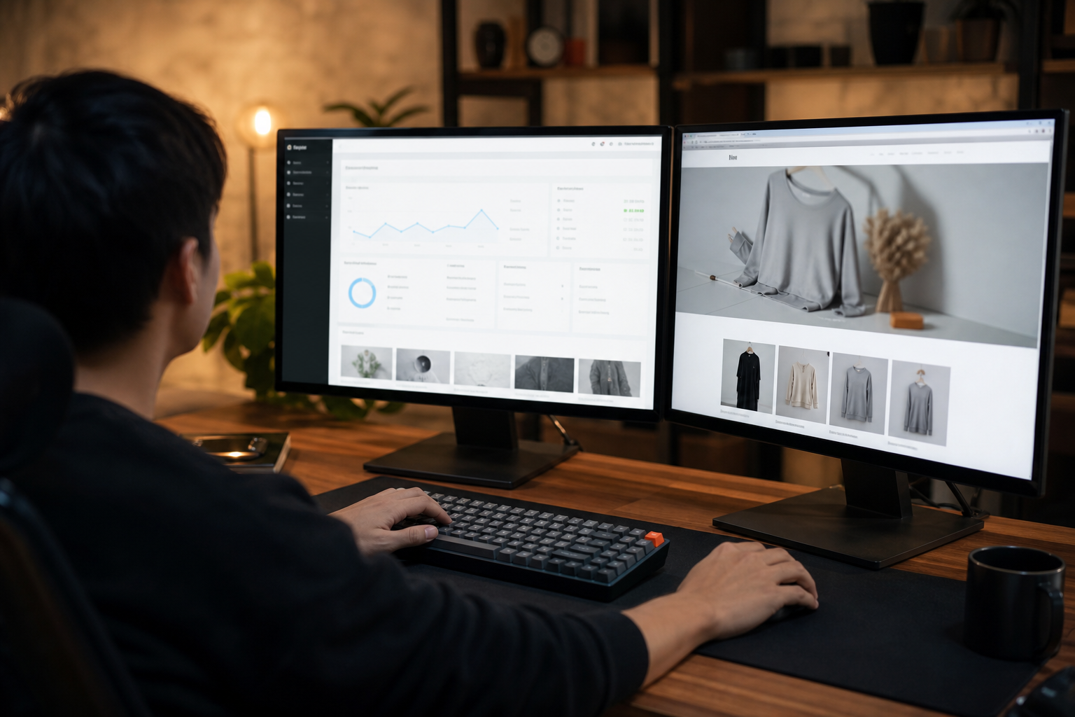 A developer's desk with dual monitors showing a Shopify admin dashboard and a live storefront preview, warm office lighting, mechanical keyboard in the foreground.