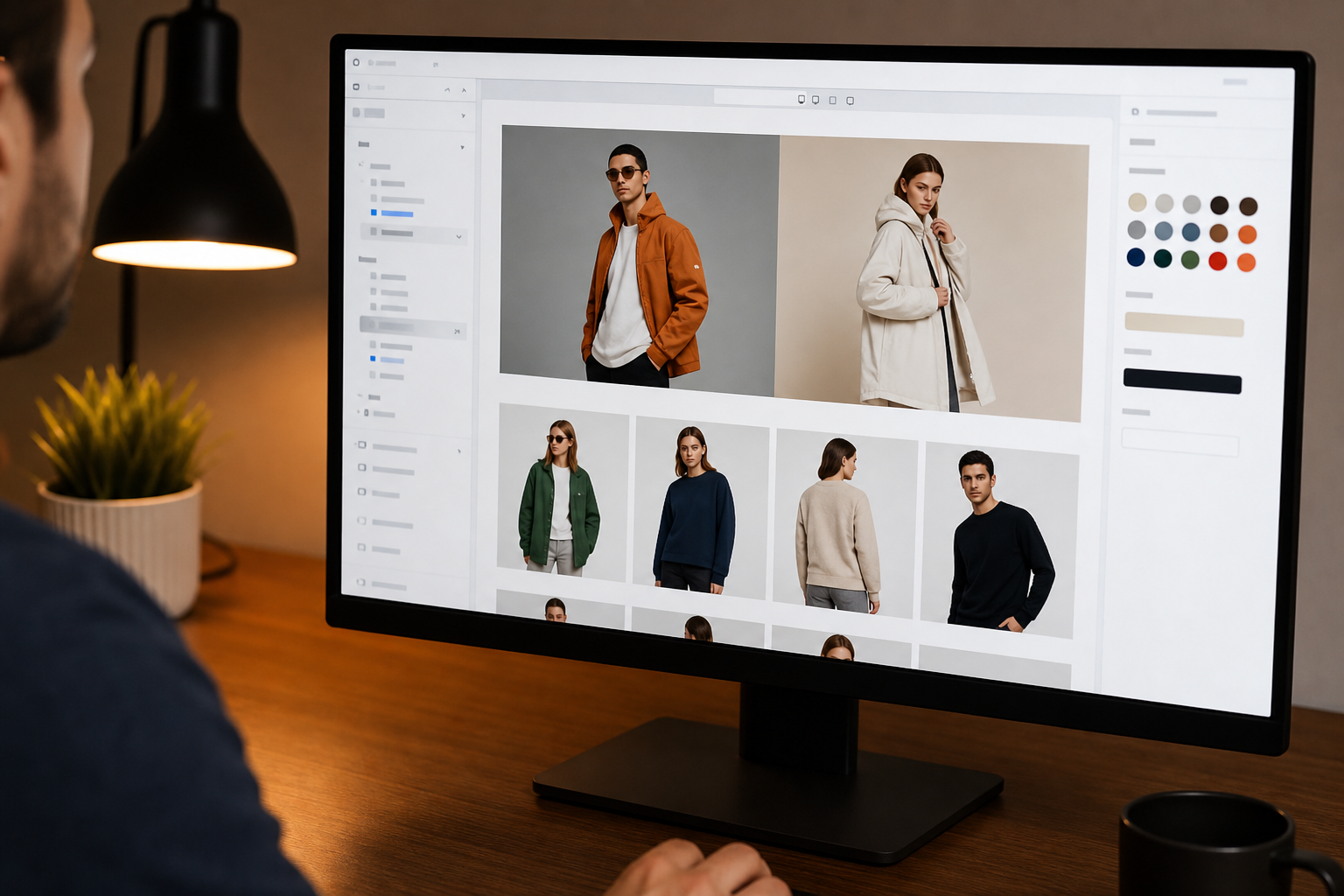 Close-up of a monitor displaying the Shopify theme editor with a fashion storefront being customized, color palette panel open on the right, warm desk lighting.