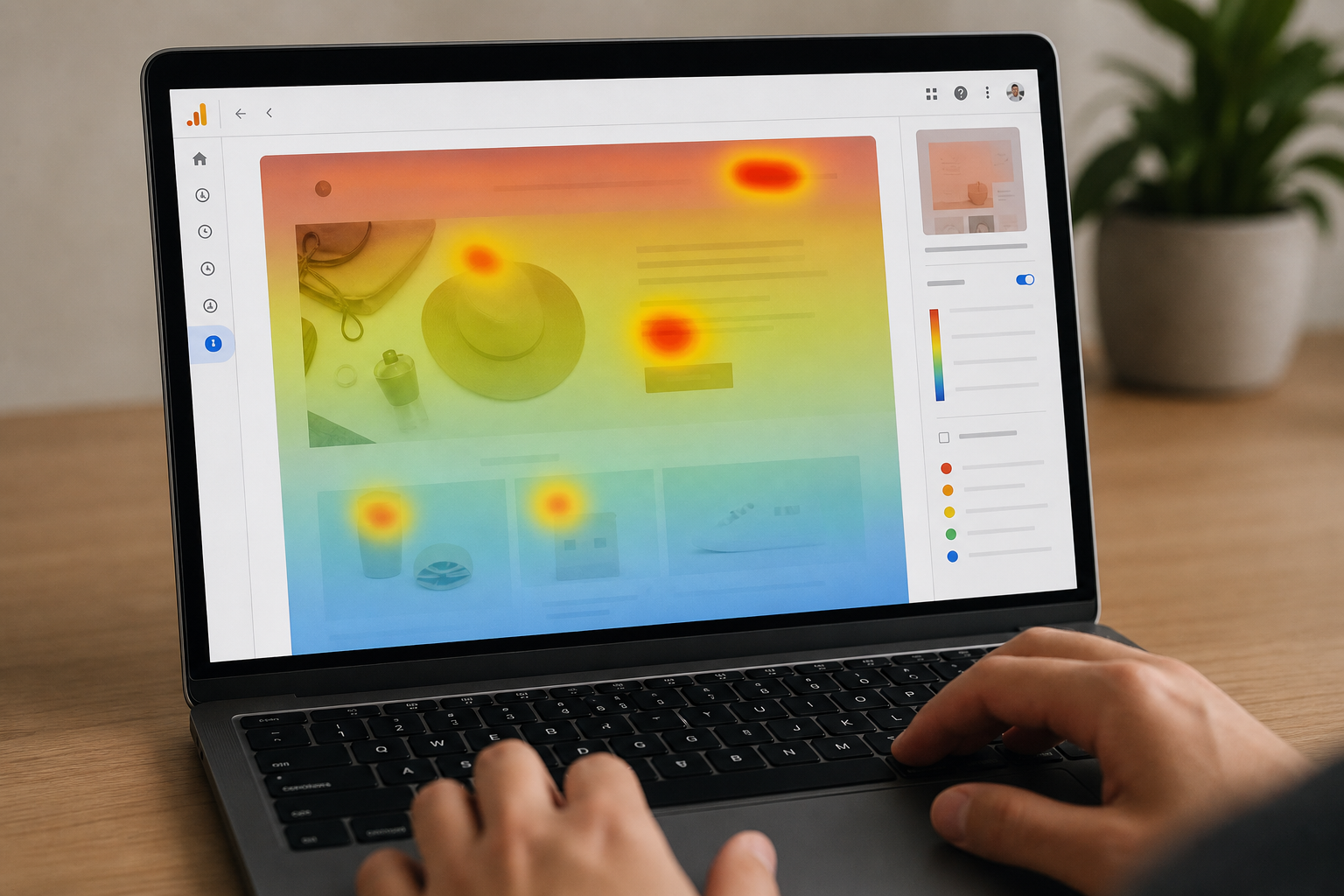 Laptop screen displaying a Google Analytics 4 heatmap overlay on a Shopify landing page, showing scroll depth and click clusters highlighted in red and orange