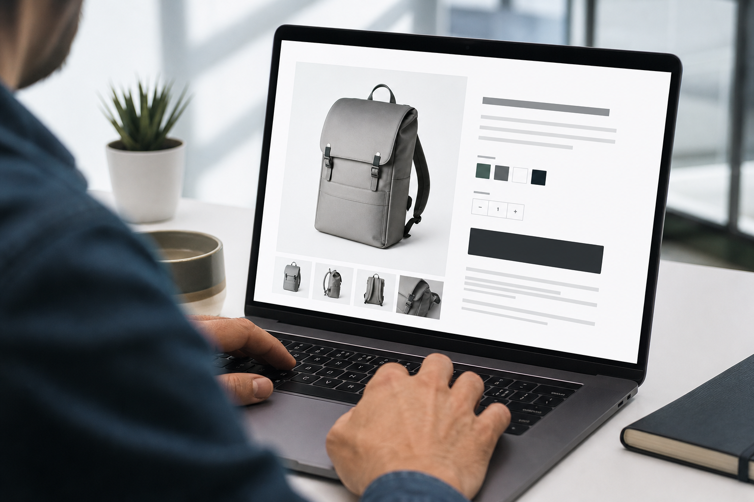 Close-up of a Shopify product detail page on a laptop screen showing high-quality product photography, pricing, and an add-to-cart button in a bright studio workspace