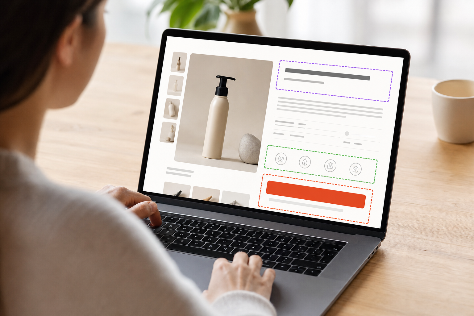 Close-up of a Shopify product detail page on the same laptop showing annotated zones for title, imagery, trust badges, and add-to-cart button in a bright studio workspace