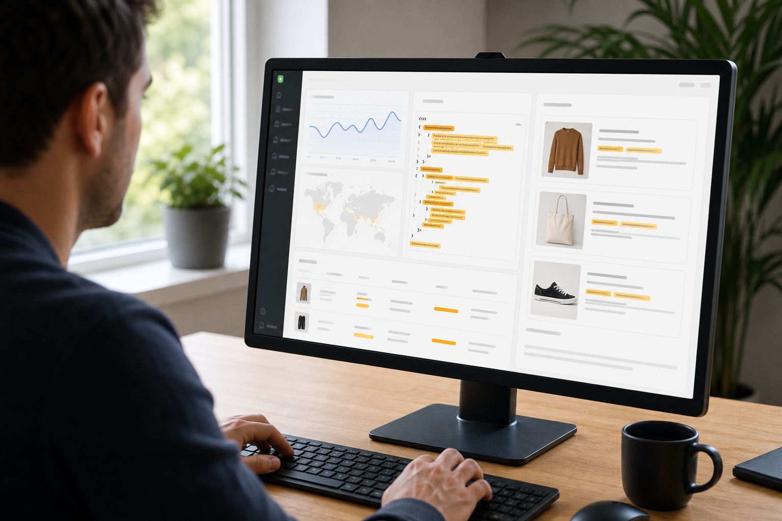 A Shopify ecommerce dashboard on a monitor showing AI search visibility metrics, product cards, and structured data tags highlighted in amber, photographed in a clean home office setup with soft natural light