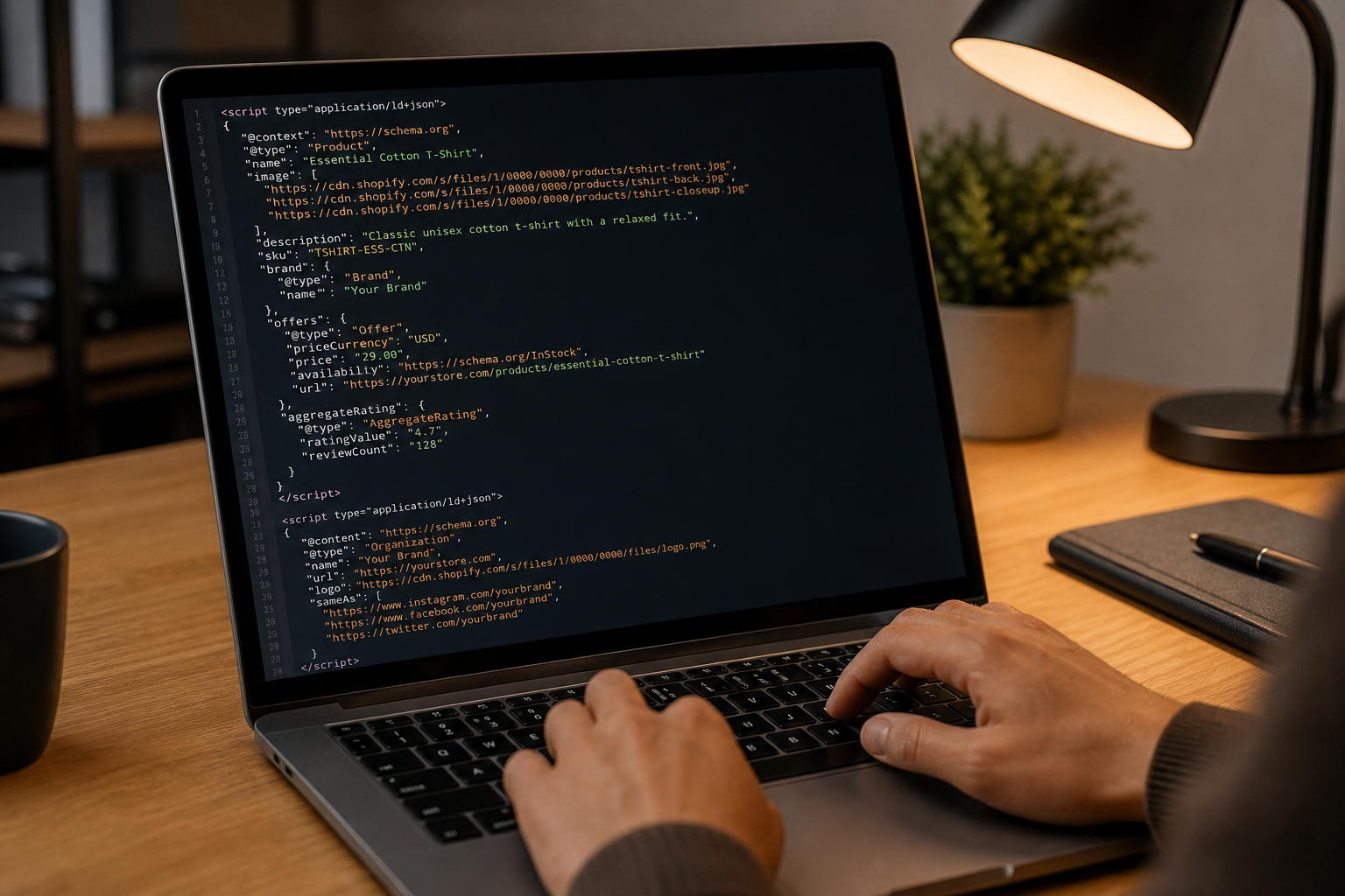 Close-up of a laptop screen displaying JSON-LD structured data code for a Shopify product page, with Product and Organization schema blocks visible, warm desk lamp illuminating the keyboard in the same home office setting