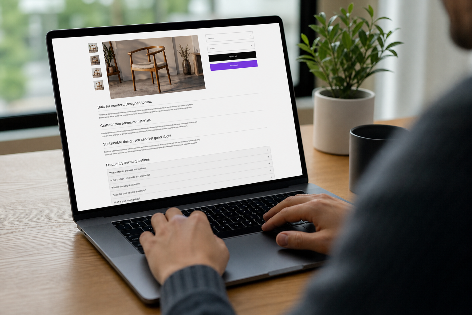 Laptop screen showing a well-structured Shopify product page with visible FAQ section and H2 headings, natural desk lighting matching the hero shot