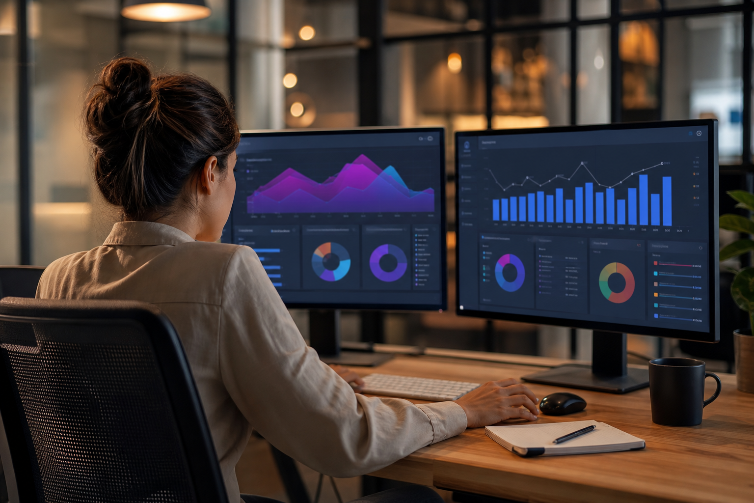 Ecommerce marketer reviewing AI-generated campaign performance dashboards on dual monitors in a modern office, warm ambient lighting, data visualizations visible on screen