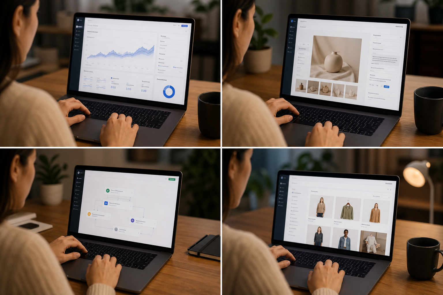 Split-screen infographic showing four AI marketing application areas — predictive analytics, content generation, campaign automation, and personalization — each mapped to a Shopify store workflow on a laptop screen in warm office lighting
