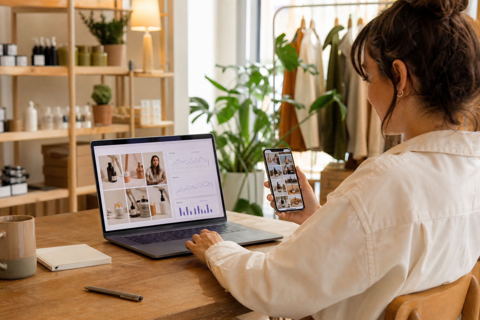 Ecommerce brand owner reviewing Instagram and TikTok content performance on a laptop and smartphone in a bright, product-filled studio with warm lighting