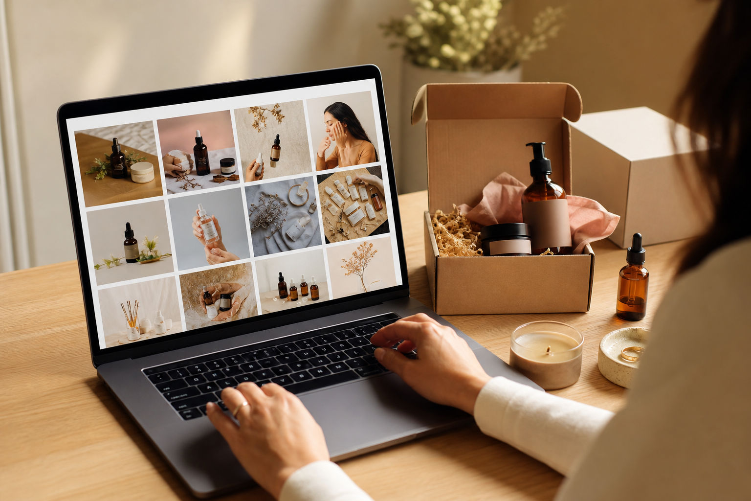 A Shopify ecommerce brand's Instagram feed displayed on a laptop beside packaged products on a light wood desk, warm studio lighting