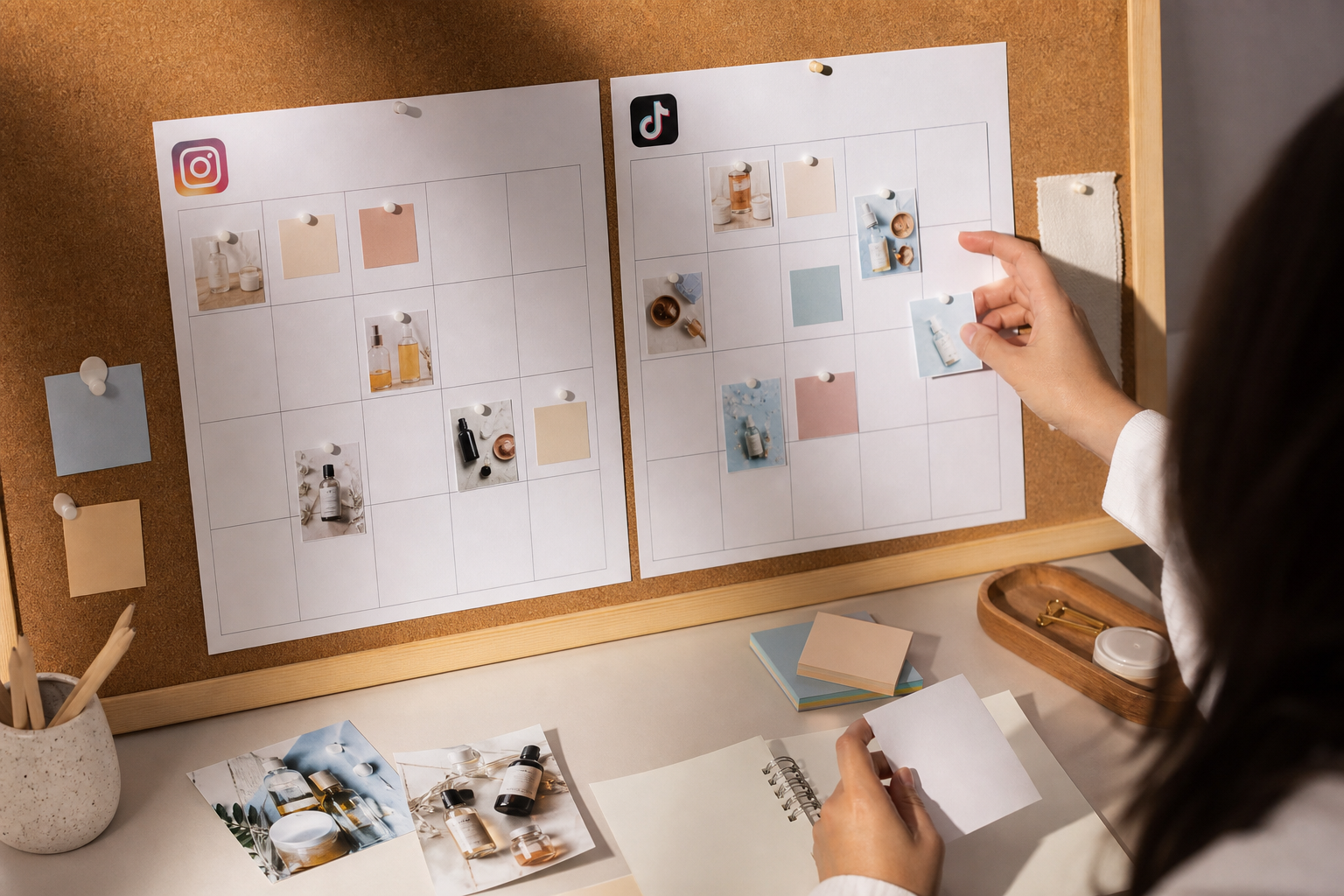 A social media content calendar pinned to a corkboard showing weekly post slots for Instagram and TikTok, product flatlay photos nearby, warm overhead lighting