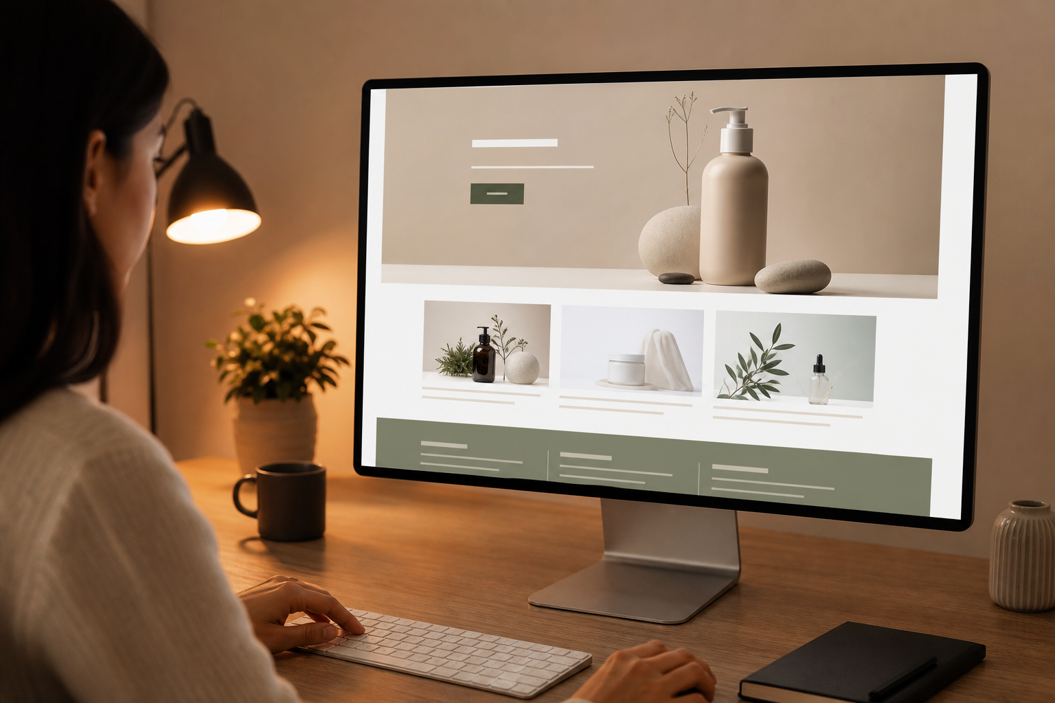 A Shopify landing page displayed on a large monitor showing a bold hero section, clear CTA button, and product imagery under warm studio lighting
