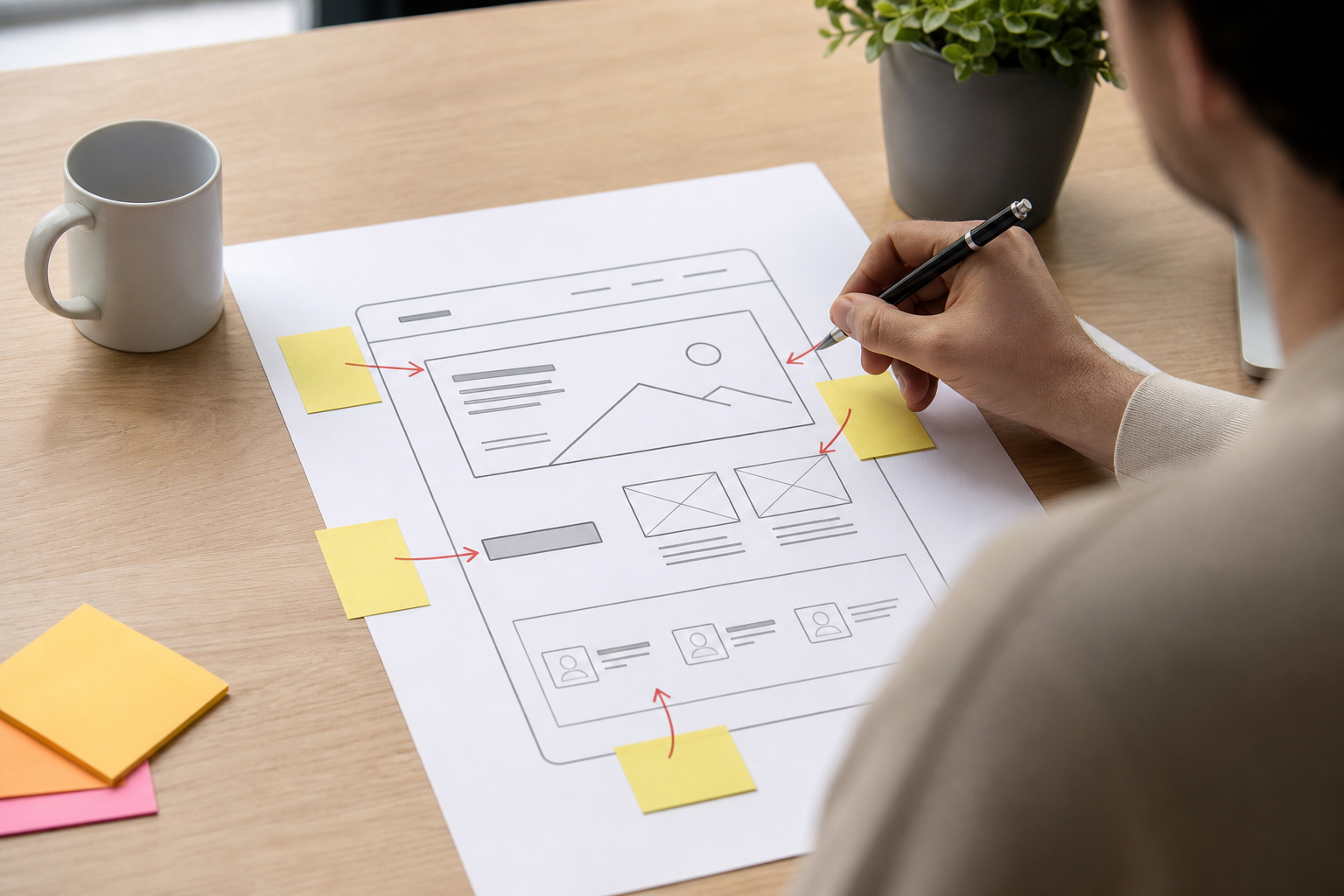 Close-up of a Shopify landing page wireframe on a desk with annotated sections for headline, hero image, CTA button, and social proof under natural daylight