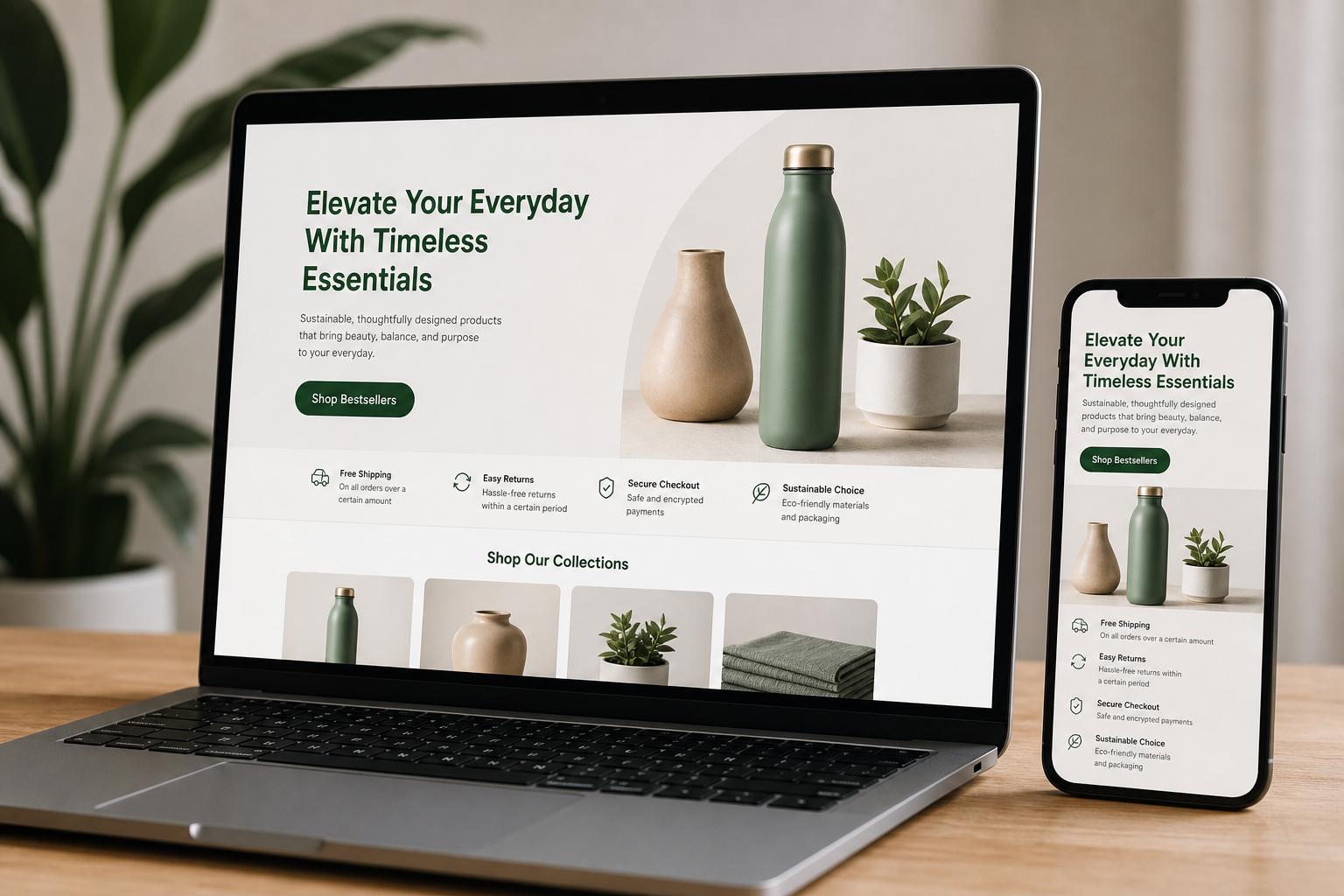 A Shopify landing page displayed on a laptop and mobile phone, showing a high-converting product layout with bold headline, clear call-to-action button, and trust signals in a clean, modern ecommerce design.