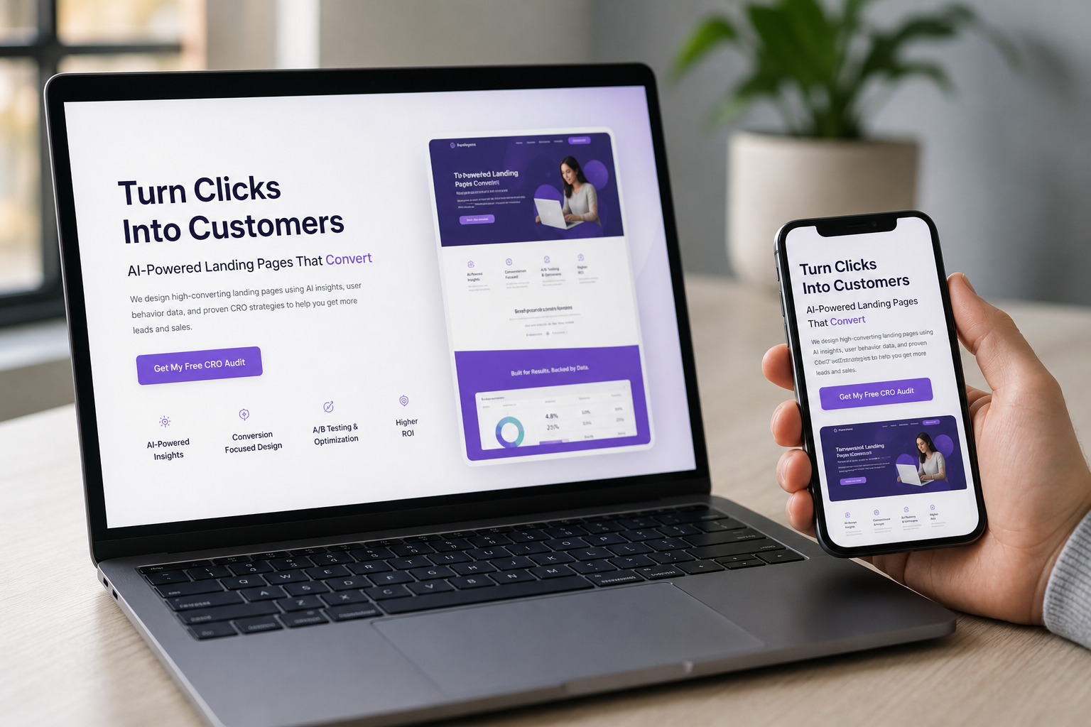 A Shopify landing page displayed on a laptop and mobile phone, showing bold product headlines, a clear CTA button, and a clean conversion-focused layout in a bright studio workspace