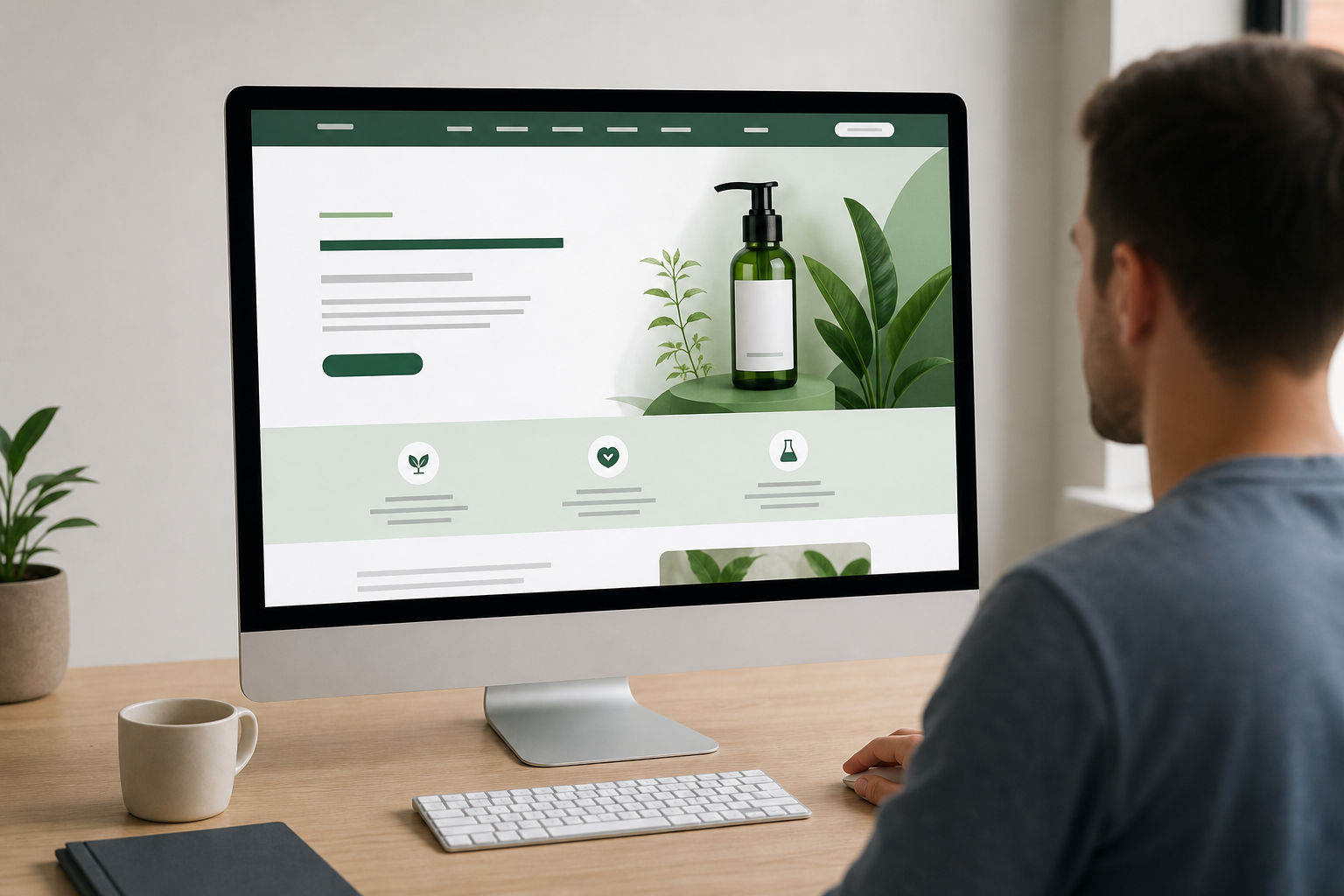 A Shopify landing page displayed on a desktop monitor showing a high-converting product offer with bold headline, trust badges, and a prominent call-to-action button in a clean, minimal layout