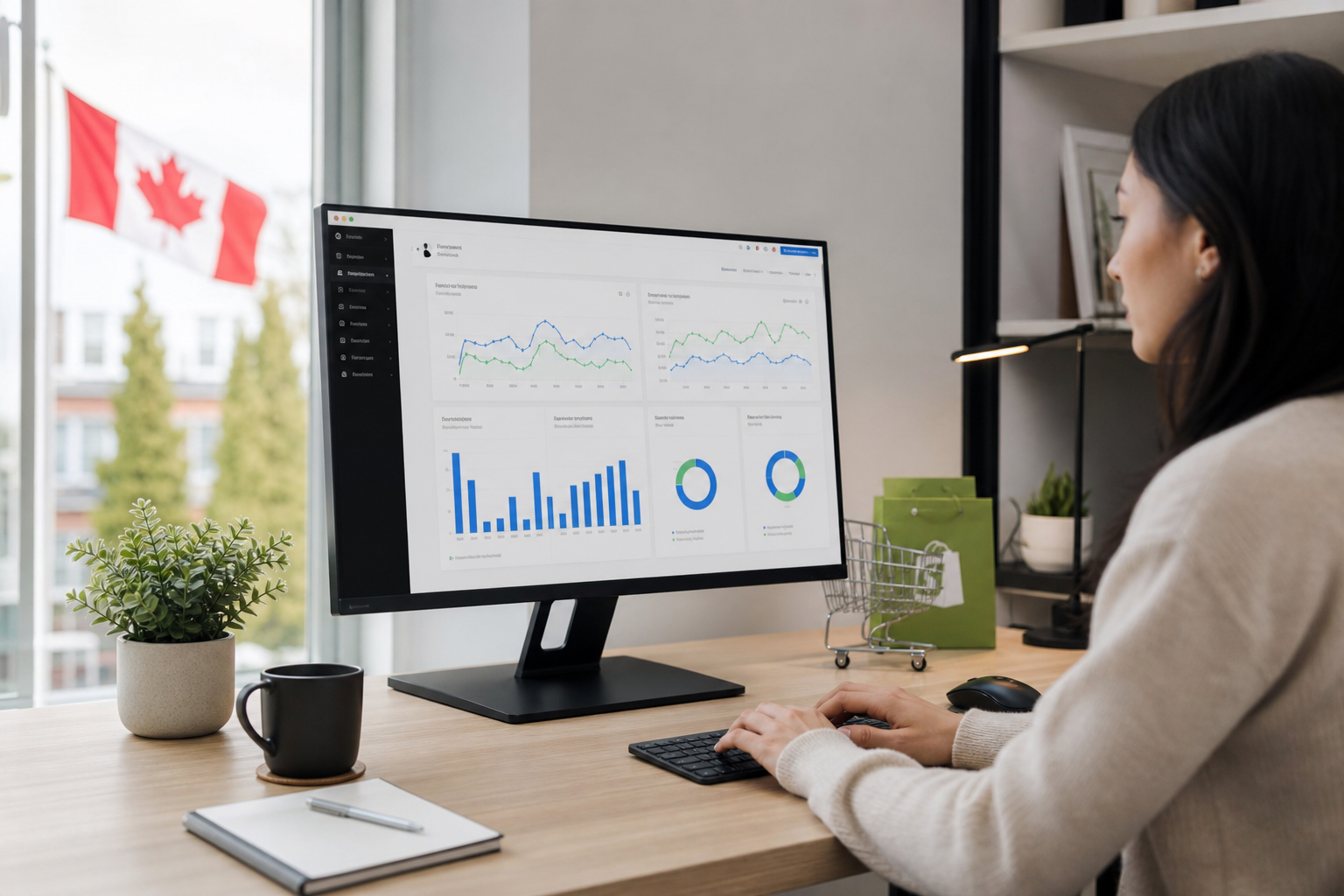 A Shopify ecommerce store dashboard showing live Google and Meta ad campaign performance metrics on a desktop monitor in a bright Canadian home office setting