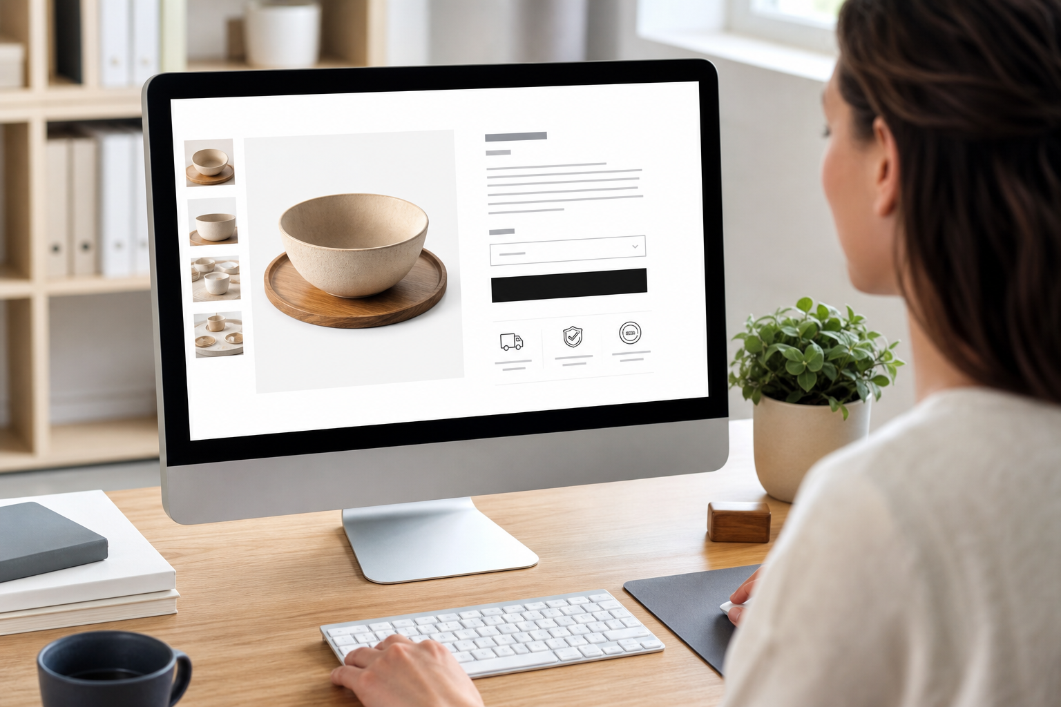 Shopify product detail page on a desktop monitor showing optimized product images, structured description copy, trust badges, and a high-contrast add-to-cart button in a bright ecommerce workspace