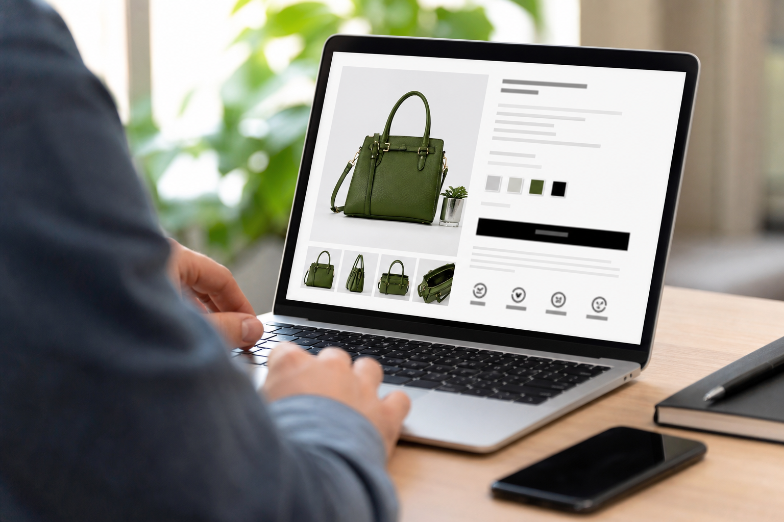 A Shopify product detail page displayed on a laptop screen showing optimized product images, structured descriptions, trust badges, and an add-to-cart button in a clean, well-lit workspace