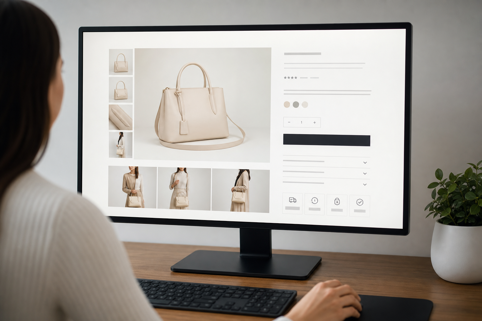 A Shopify product detail page displayed on a monitor, showing optimized product images, a clear add-to-cart button, structured descriptions, and trust badges in a clean, well-lit studio setting.