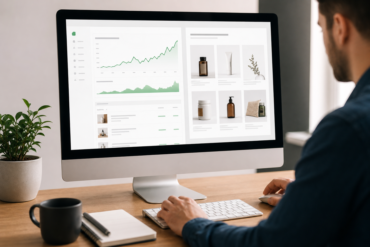 Shopify ecommerce store dashboard showing rising organic traffic graph alongside product pages optimized for search, displayed on a desktop monitor in a clean workspace