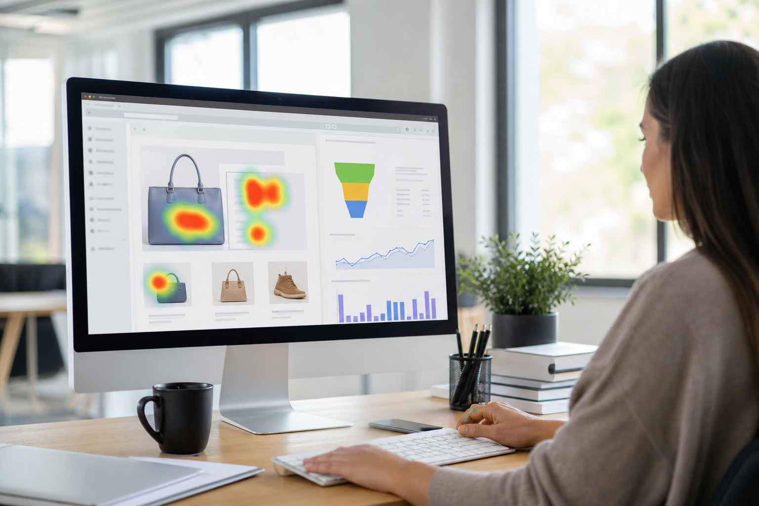 A Shopify storefront displayed on a large monitor, showing conversion rate analytics dashboards with heatmaps and funnel data in a bright, modern office workspace
