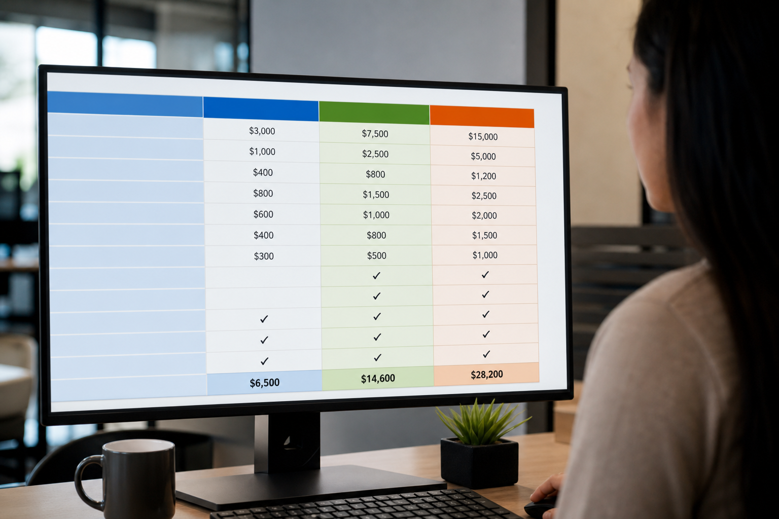 A close-up of a monitor showing a three-column budget comparison spreadsheet for a Shopify redesign project, with color-coded rows, dollar figures, and checkmarks under each tier in the same modern office setting