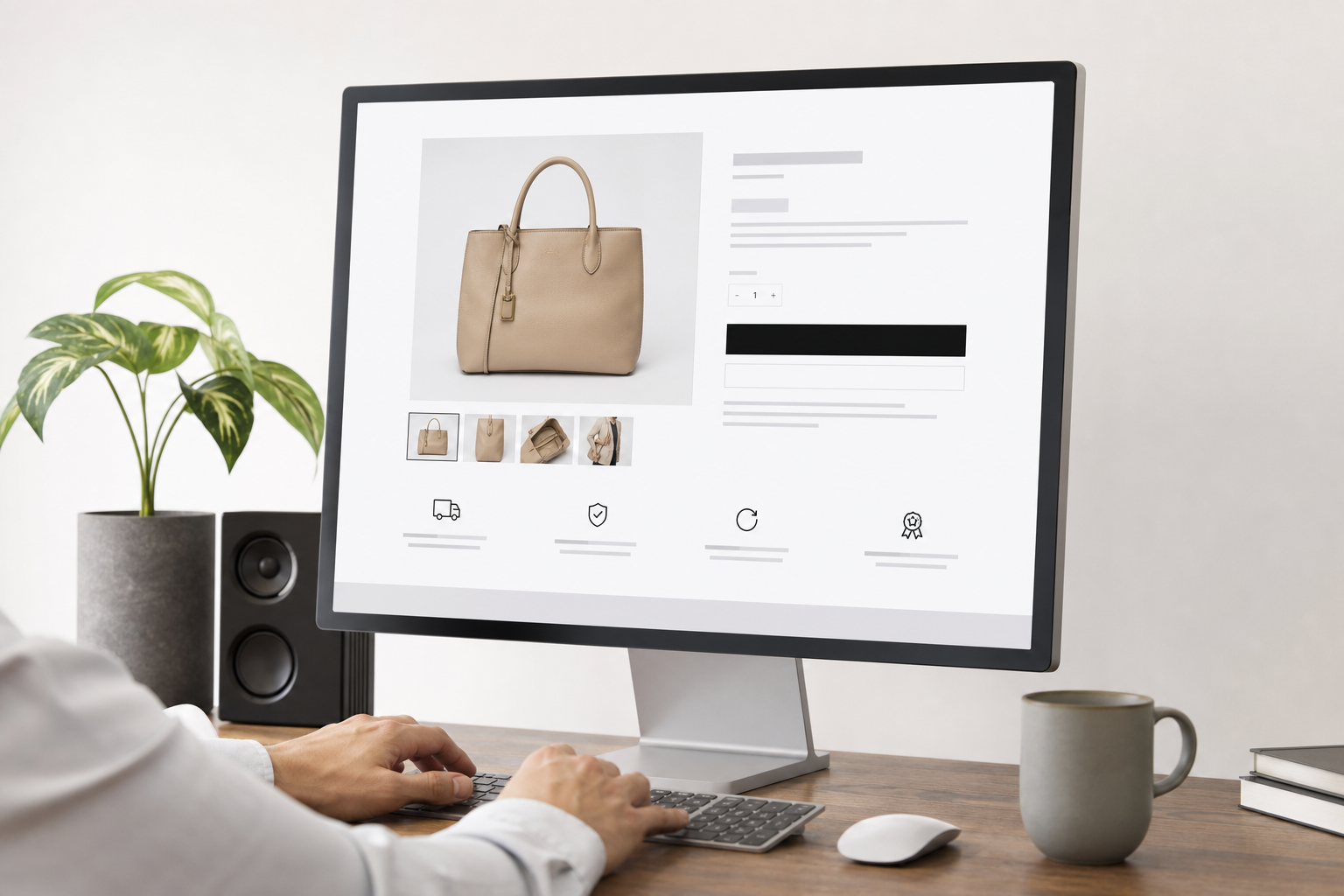 A Shopify ecommerce store product page open on a large monitor, showing a clean conversion-focused layout with add-to-cart button, product imagery, and trust badges in a bright studio setting