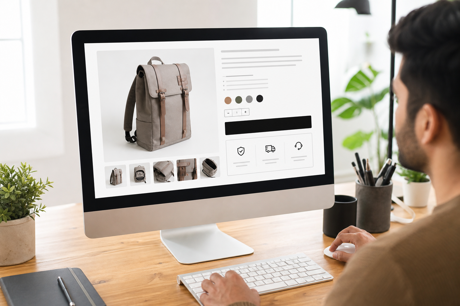 A Shopify ecommerce store product page displayed on a monitor showing a clean, conversion-focused layout with prominent add-to-cart button, trust badges, and high-quality product imagery in a bright studio workspace