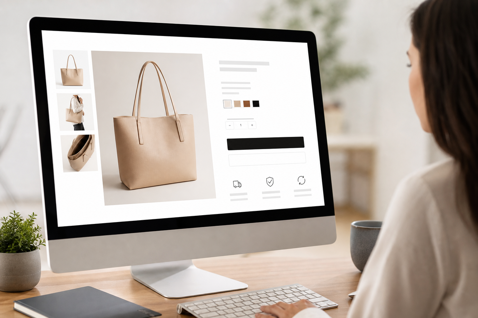 A Shopify ecommerce store product page displayed on a desktop monitor, showing a clean conversion-focused layout with a bold add-to-cart button, trust badges, and high-quality product photography in a bright, minimal studio setting