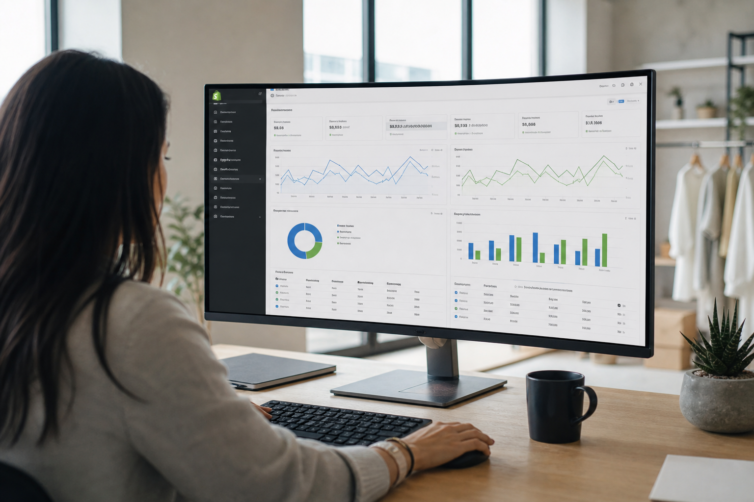 Shopify store dashboard showing Google Ads and Meta Ads campaign performance metrics on a wide monitor screen in a bright ecommerce office