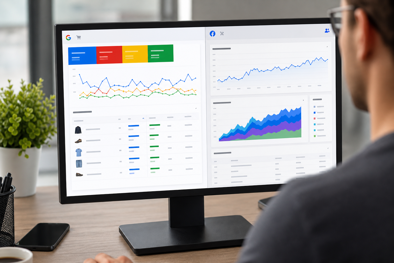 Close-up of a split-screen showing Google Shopping campaign metrics and Meta Ads auction competition graph on the same monitor, same bright ecommerce office setting