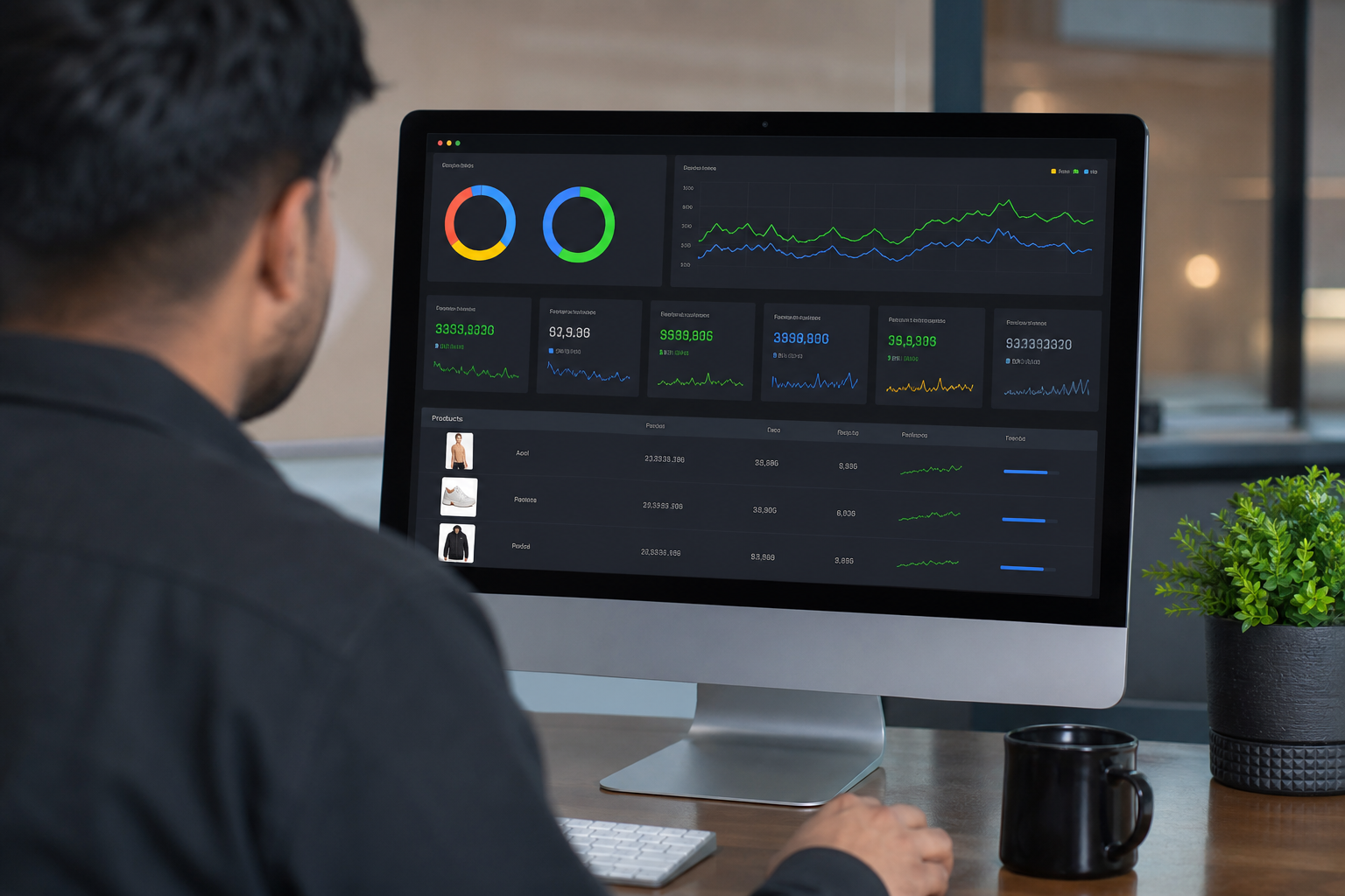 A Shopify ecommerce dashboard displaying live Google and Meta ad campaign metrics, ROAS graphs, and product sales data on a desktop monitor in a modern workspace.