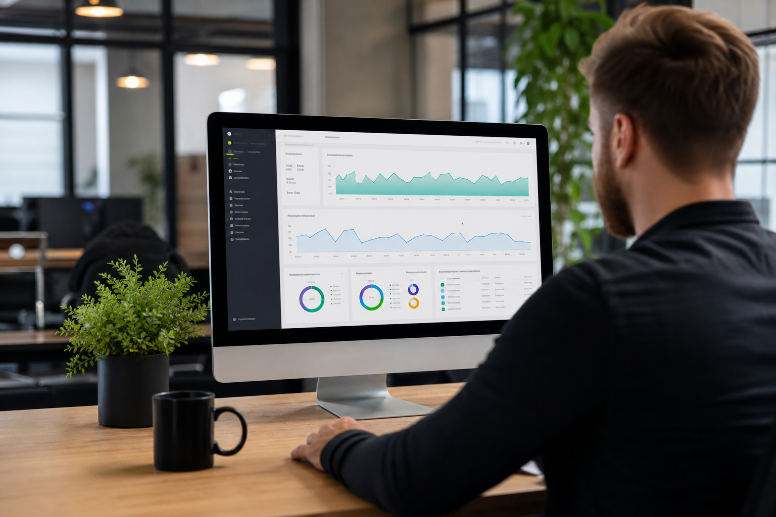 Shopify ecommerce dashboard showing Google and Meta paid ad campaign performance metrics with ROAS data on a desktop monitor in a modern marketing workspace