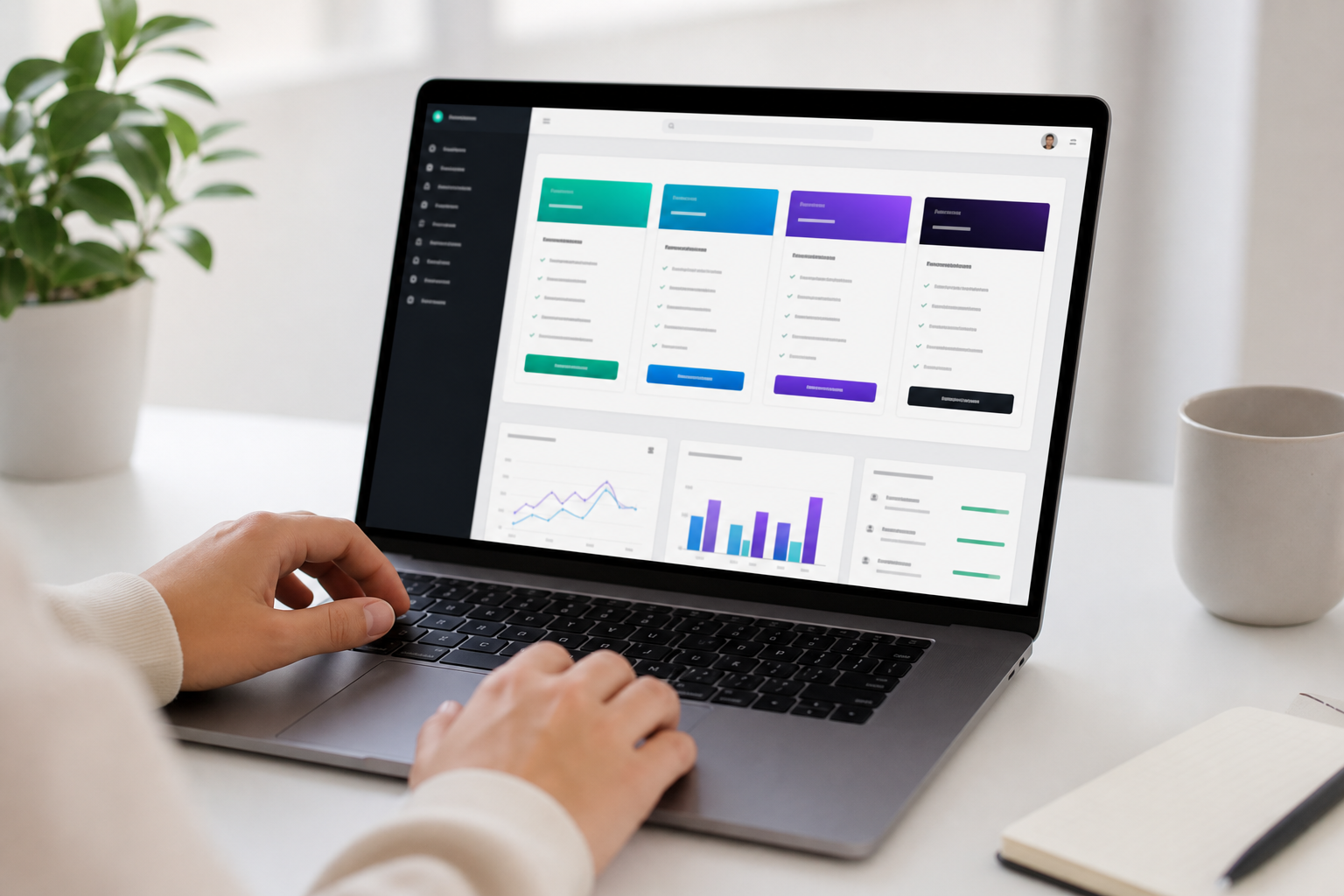 Shopify admin dashboard open on a laptop screen showing plan comparison page, soft natural light, clean white desk, ecommerce store analytics visible